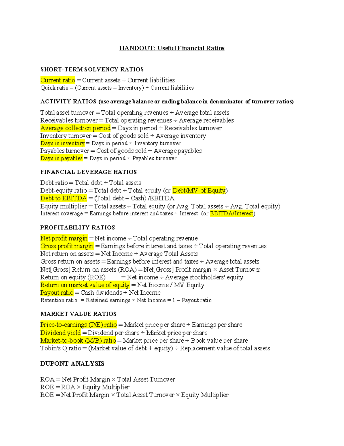 FIN 101: Comprehensive Guide to Financial Ratios Handout - Studocu
