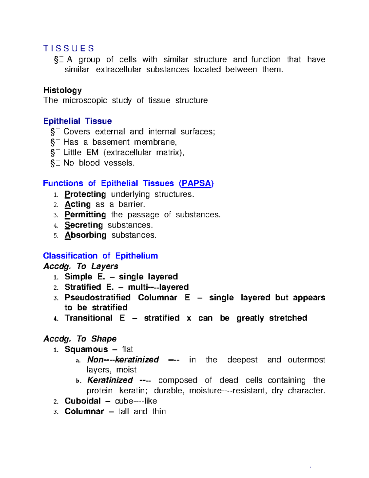 Tissues Notes 2: Comprehensive Summary of Histology Concepts - Studocu