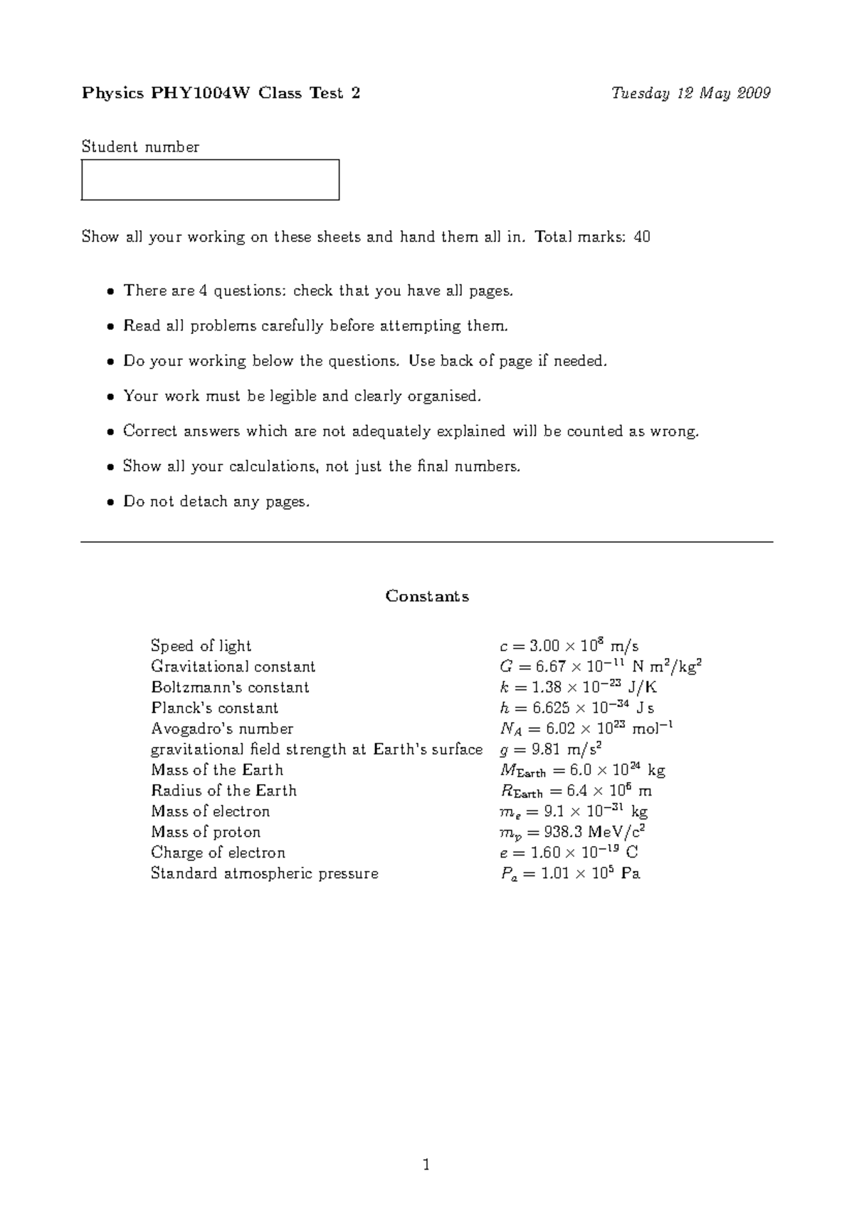 Physics PHY1004W Class Test 2 - Exam Questions from May 2009 - Studocu