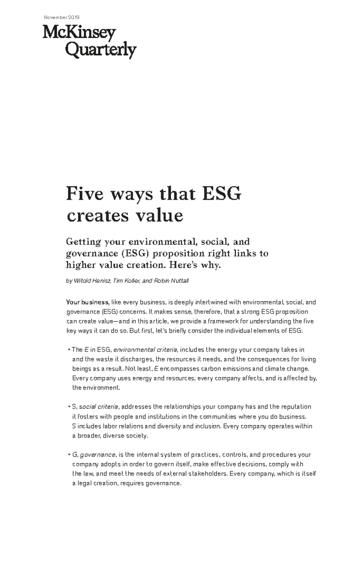 ESG 101: Five Key Strategies for Value Creation and Growth - Studocu
