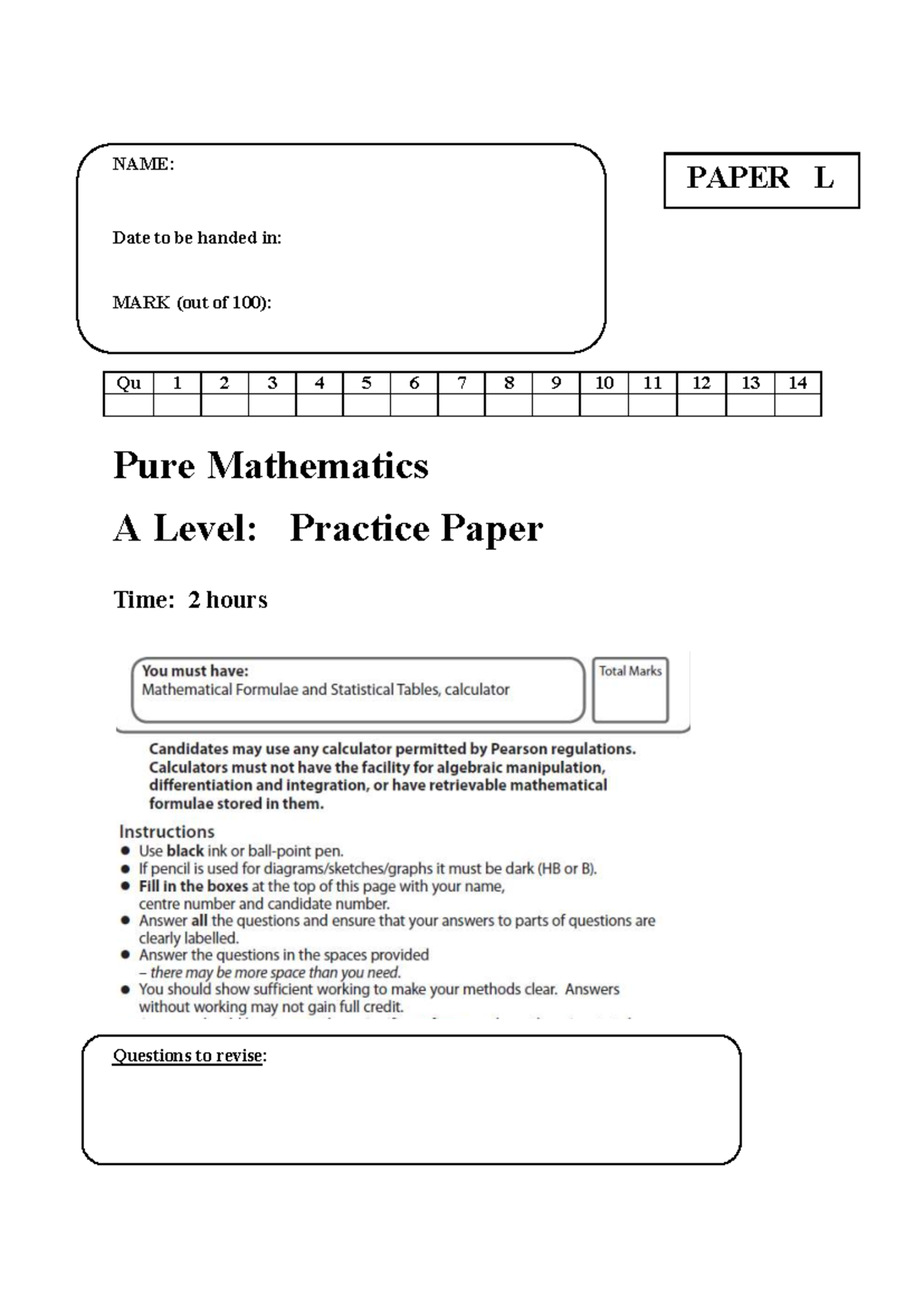 A Level Mathematics Practice Paper L - Pure Mathematics - Studocu