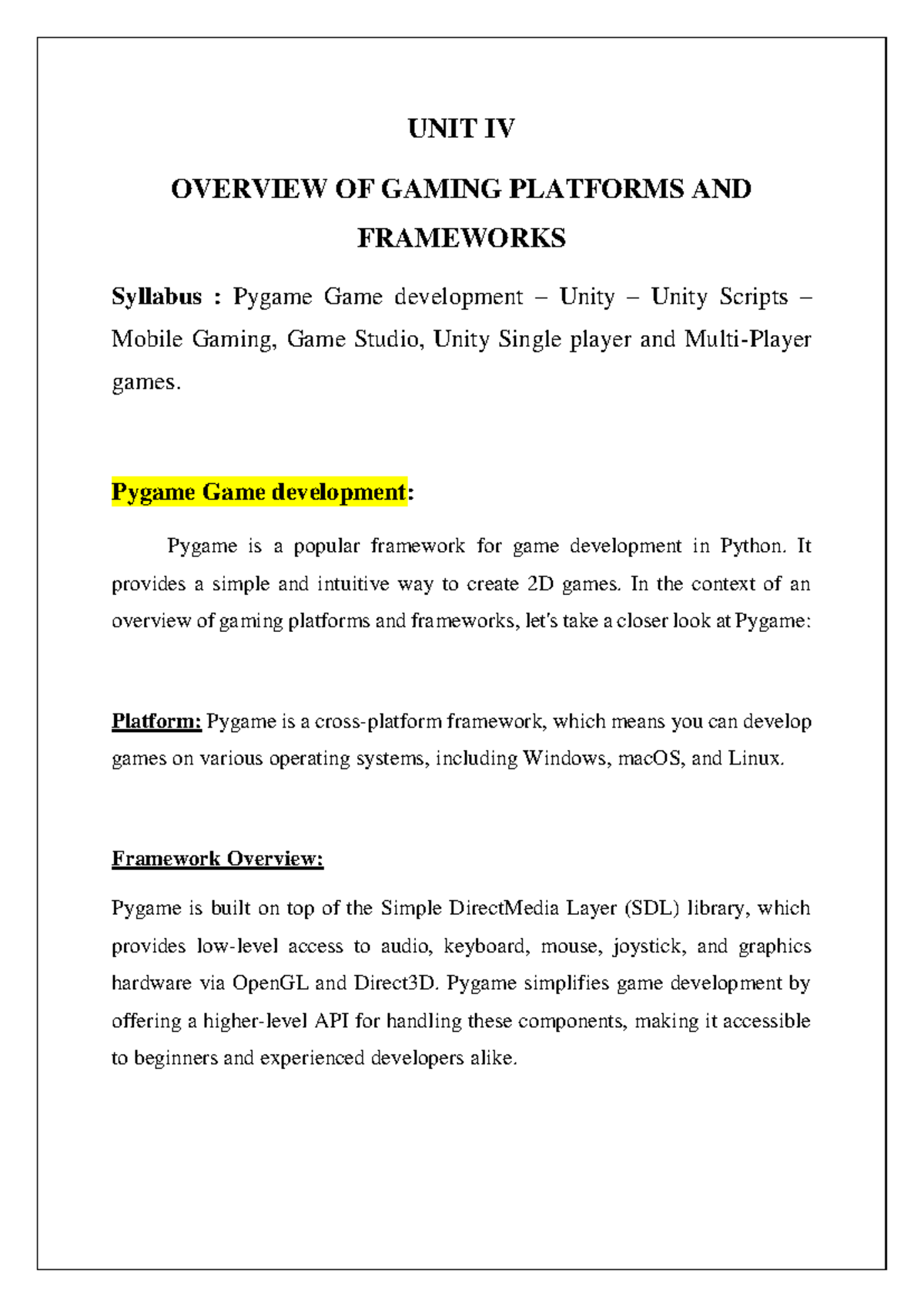 UNIT 4: Overview of Game Development Platforms and Frameworks - Studocu