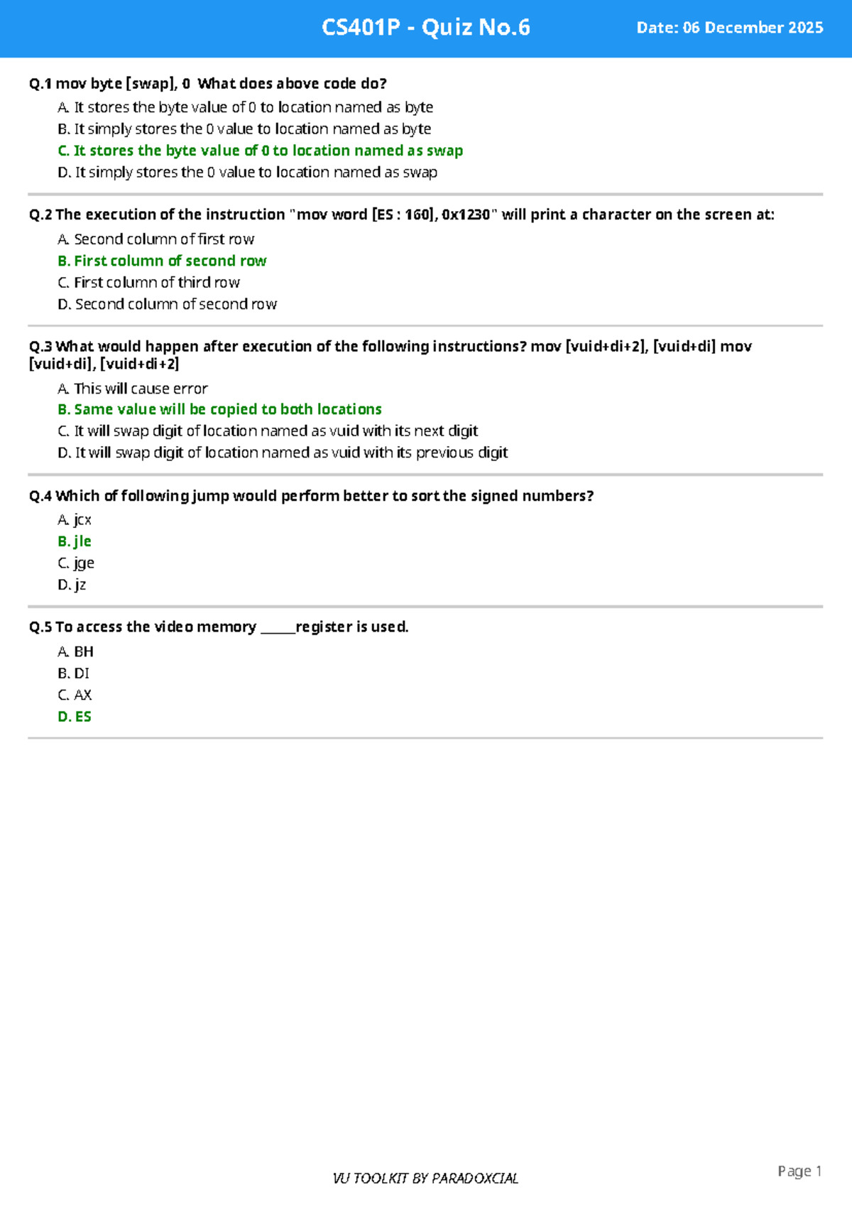CS401P Quiz No.6 - Assembly Language Concepts and Instructions - Studocu