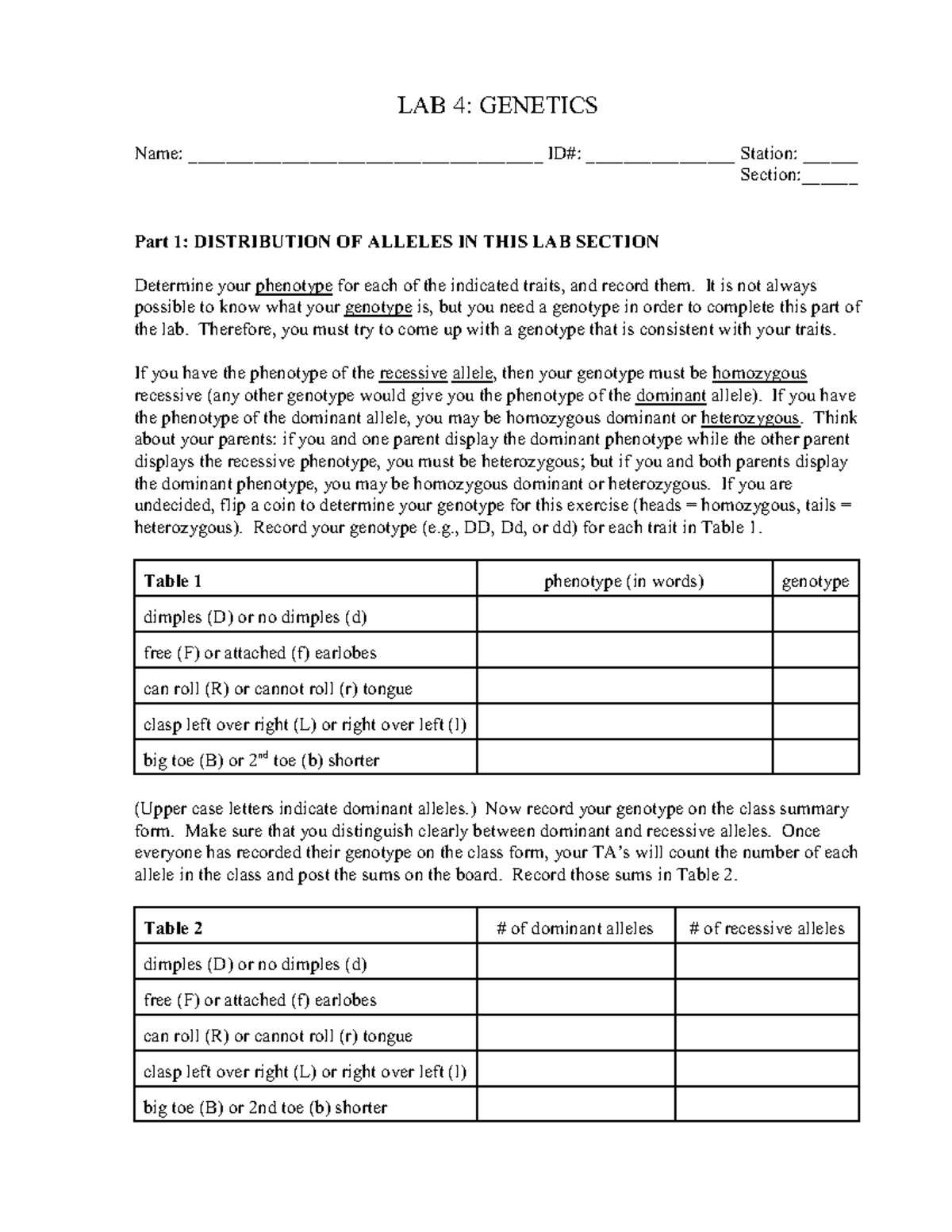 BIOL 201 Lab Manual Notes: Genetics Lab 4 Overview and Activities - Studocu