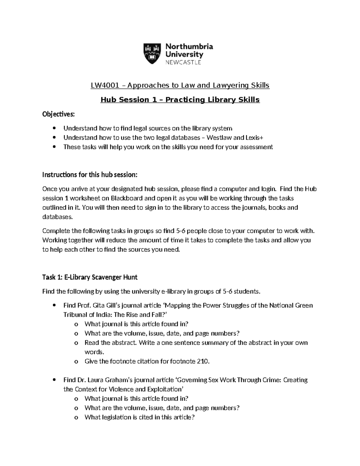 LW4001 Hub Session 1: Library Skills Worksheet & Group Tasks - Studocu