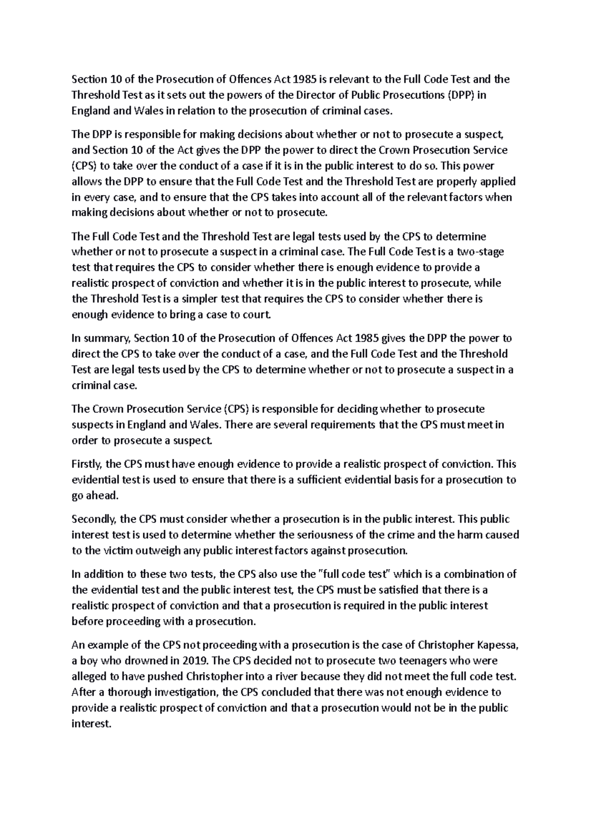 Prosecution of Offences Act 1985 and CPS Legal Tests in Criminology ...
