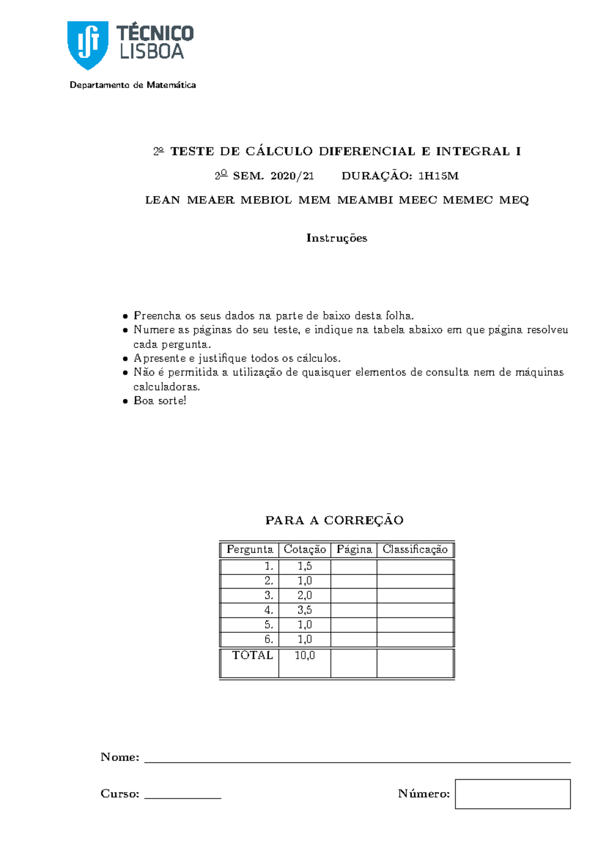 Teste de Diferencial e Integral I - T2CDI 2o Semestre - Studocu