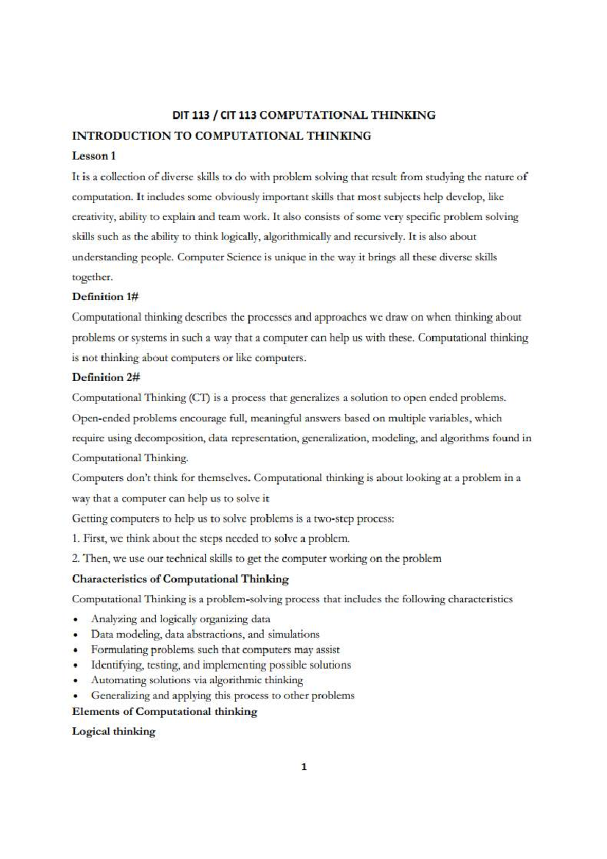DIT 113 CIT 113 Computational Thinking: Lesson 1 Notes - Studocu