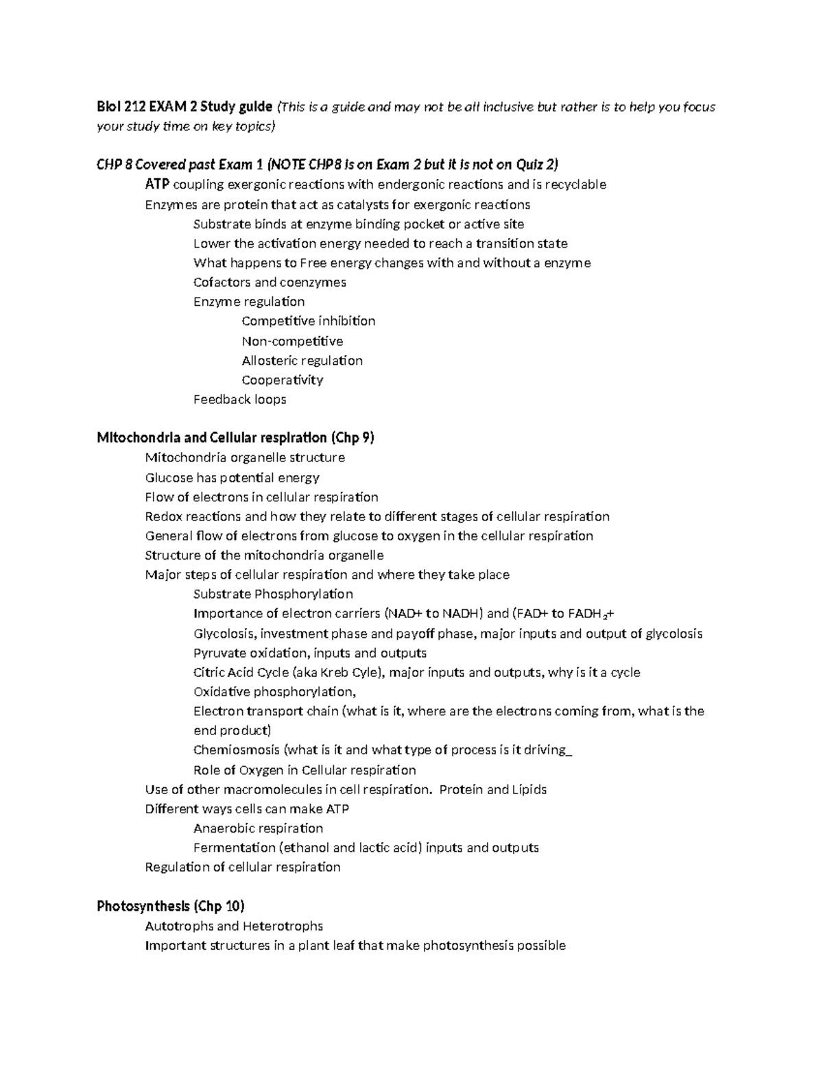 Biol 212 Exam 2 Study Guide: Key Topics in Respiration & Photosynthesis ...