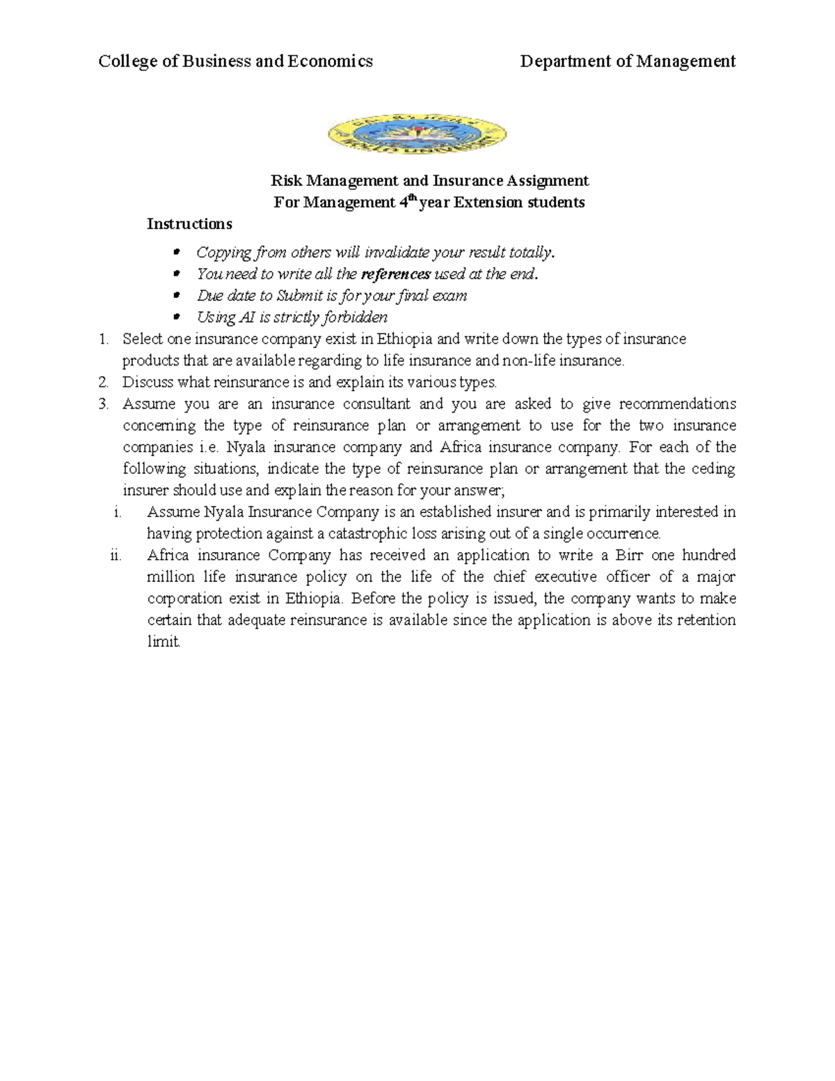 Management 4th Year: Risk Management & Insurance Assignment - Studocu