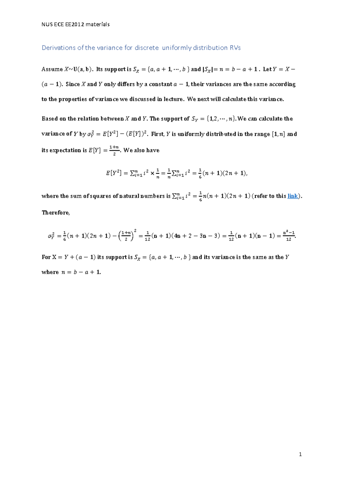 Variance for discrete uniformly distribution RVs - Its support is 𝑆𝑆 𝑋𝑋 ...