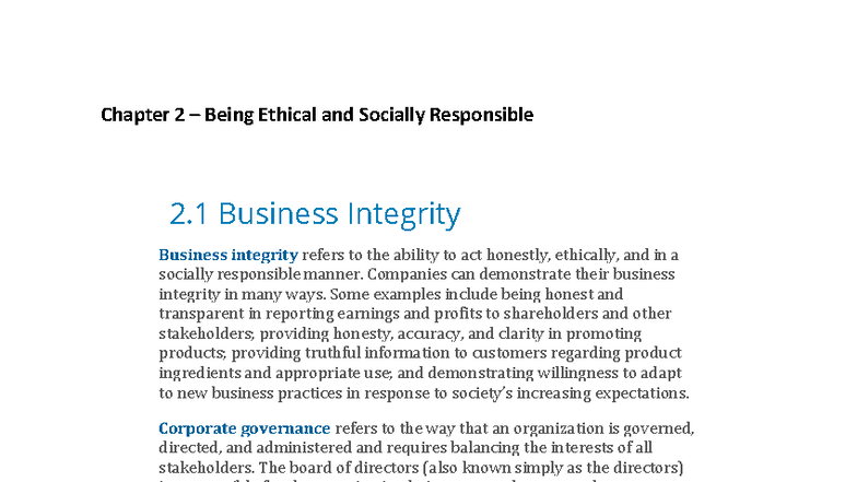 Chapter 2 - Business Ethics and Social Responsibility in Canada - Studocu
