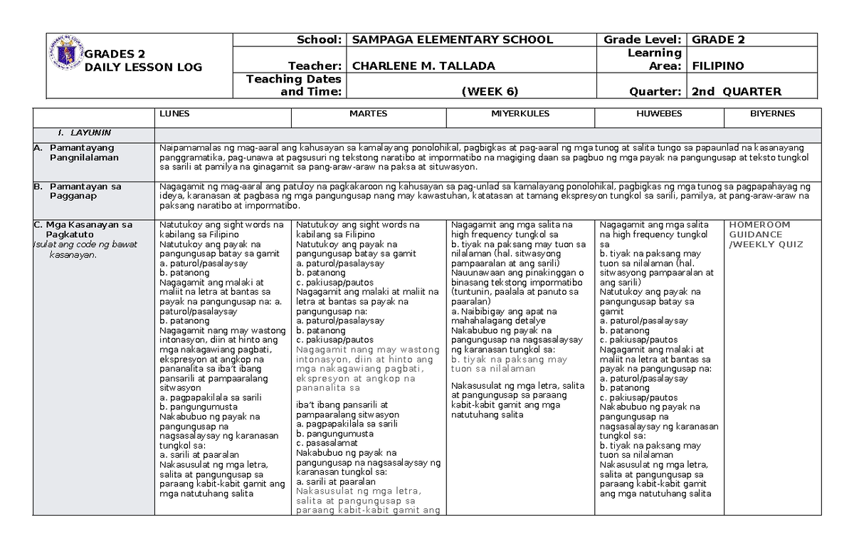 DLL Filipino GRADE 2 WEEK 6 Daily Lesson Log - Studocu