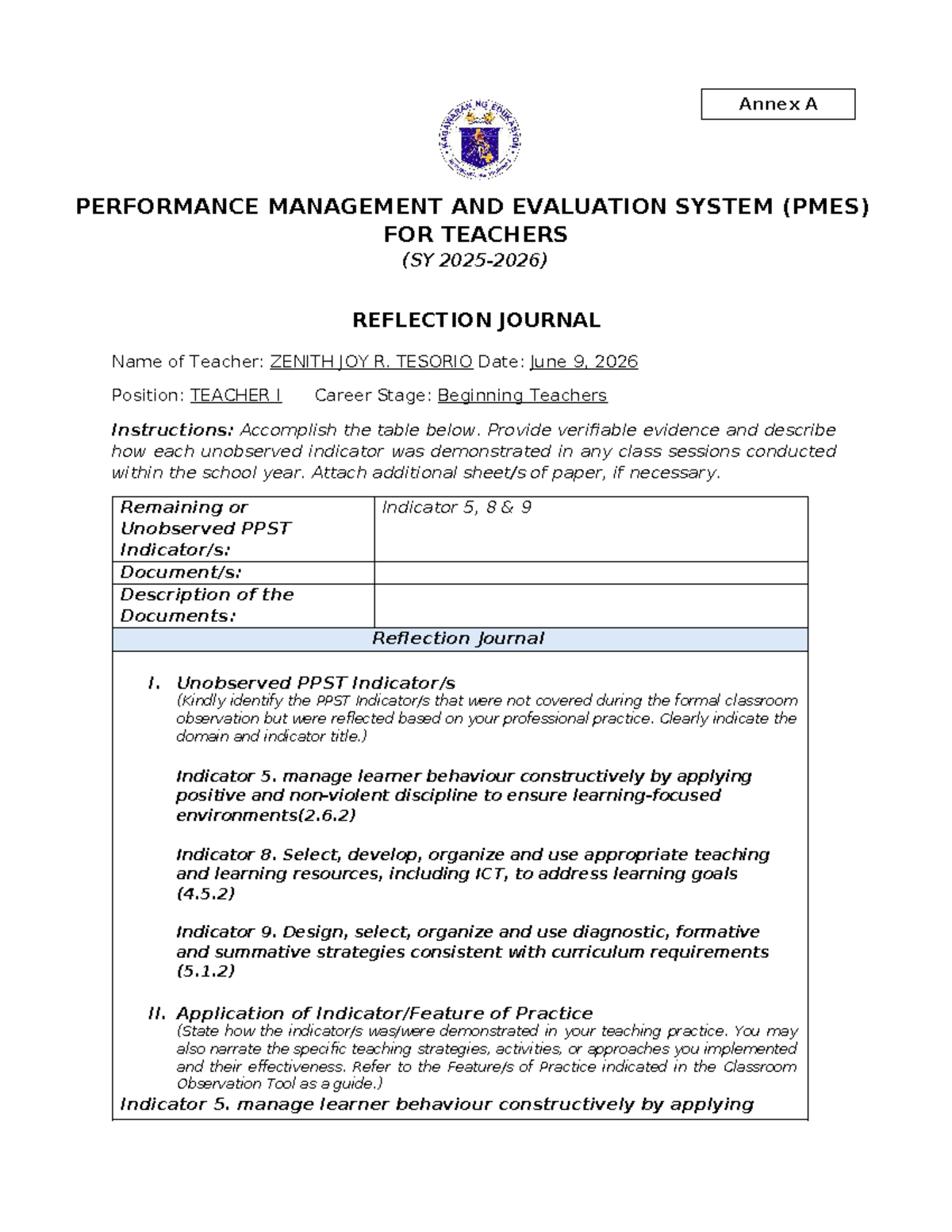 PMES Reflection Journal for Teachers (SY 2026) - Zenith Joy R. Tesorio ...