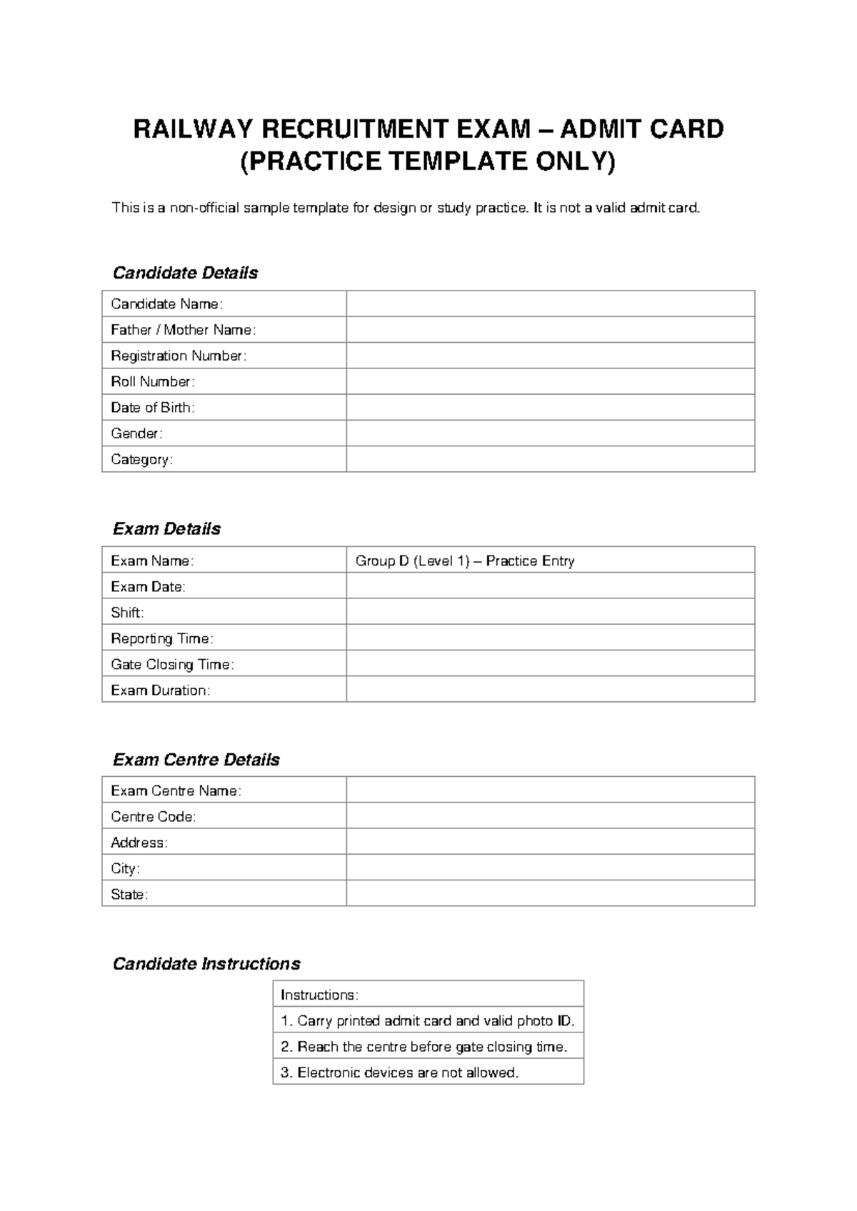 RRB Group D Practice Exam Admit Card Template - Studocu