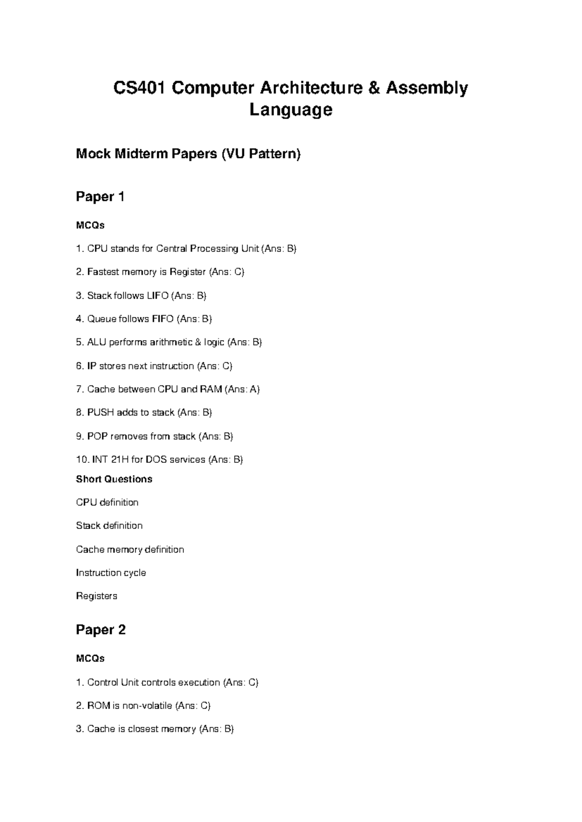 CS401 Computer Architecture Mock Midterm Papers (VU Pattern) - Studocu