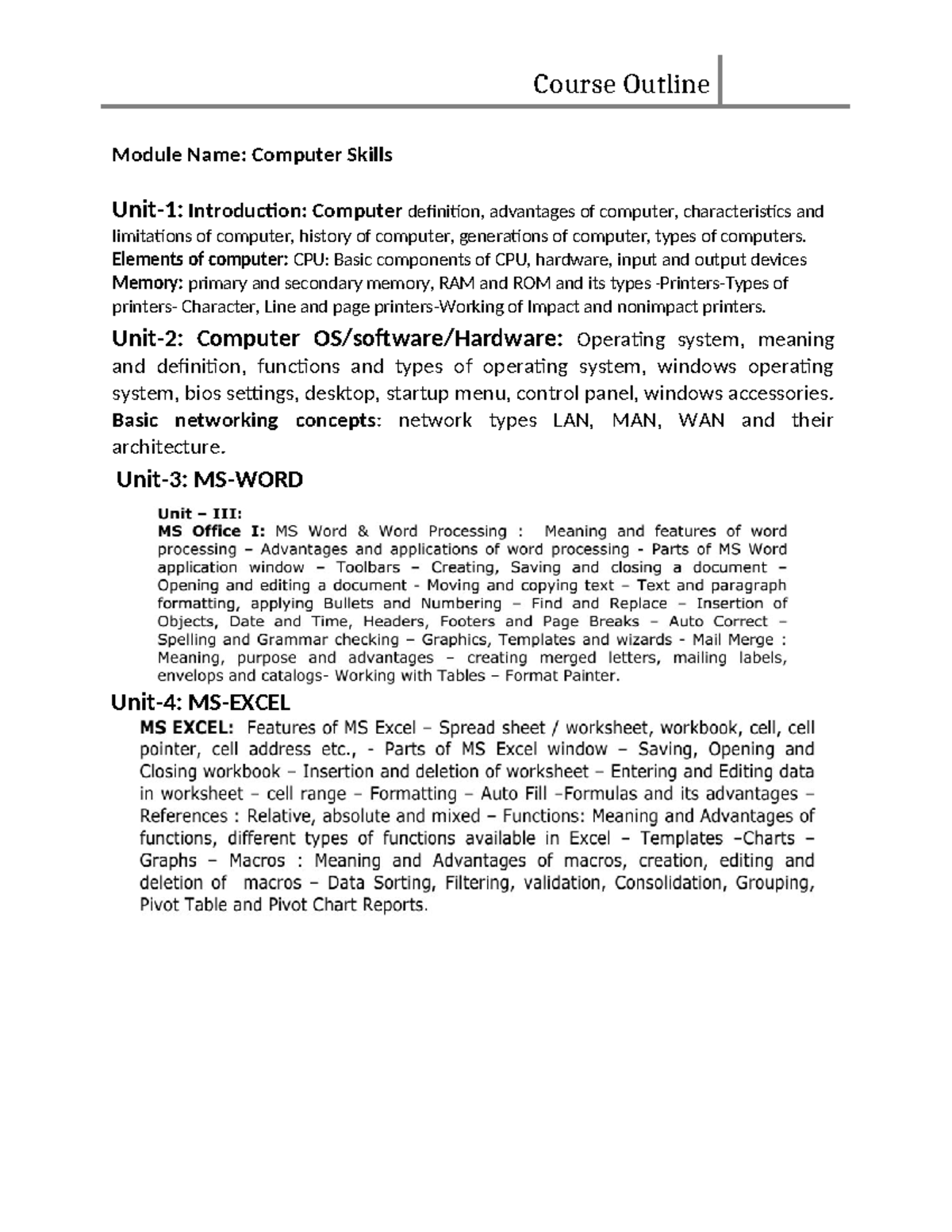 Computer Skills Outline - Module Name: Computer Skills Unit-1 ...
