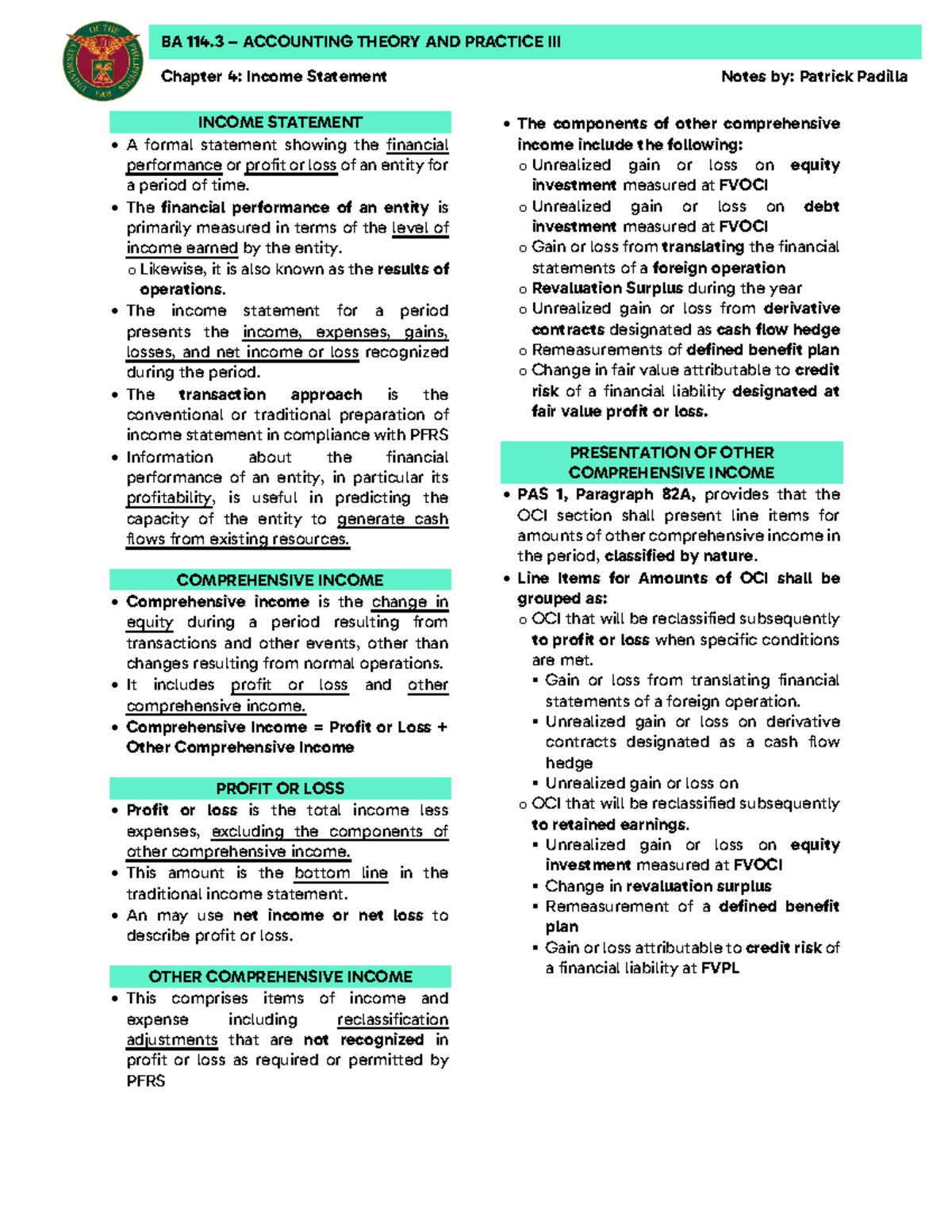 BA 114.3 ACCOUNTING THEORY AND PRACTICE Chapter 4: Income Statement ...