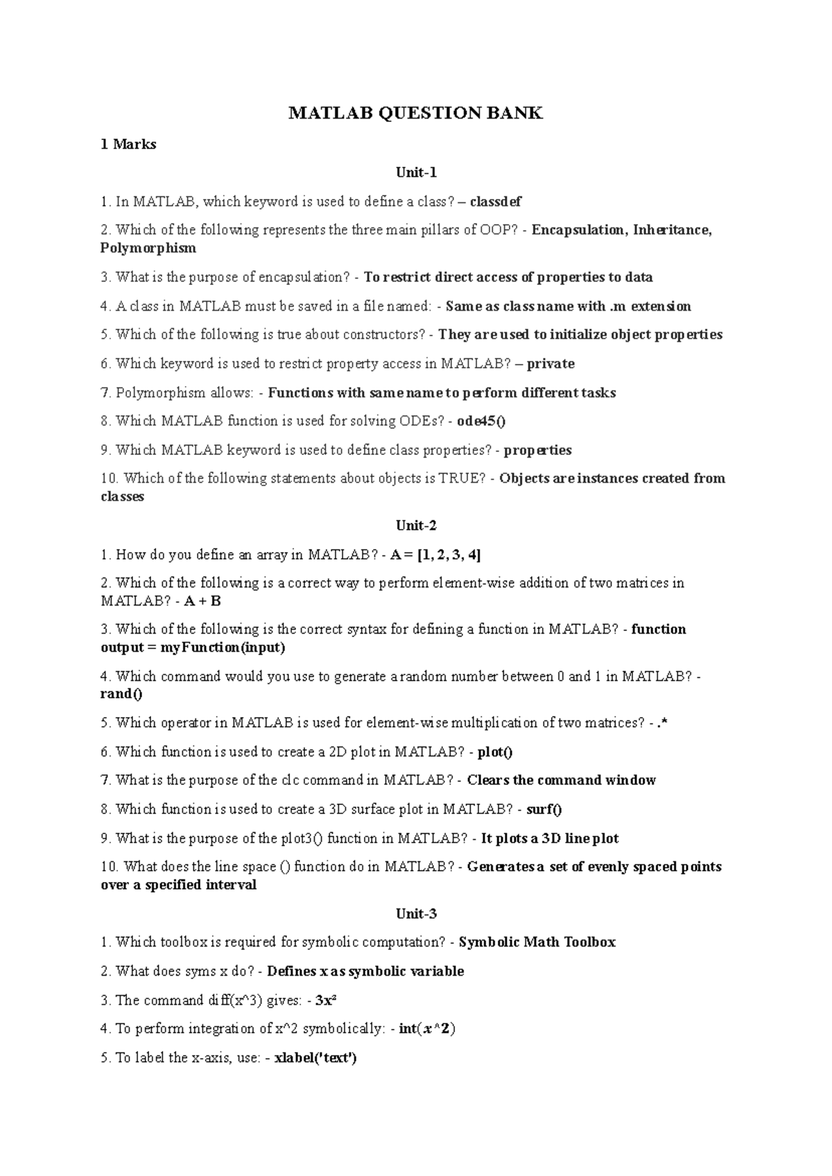 MATLAB QUESTION BANK: Key Concepts & Functions - Studocu
