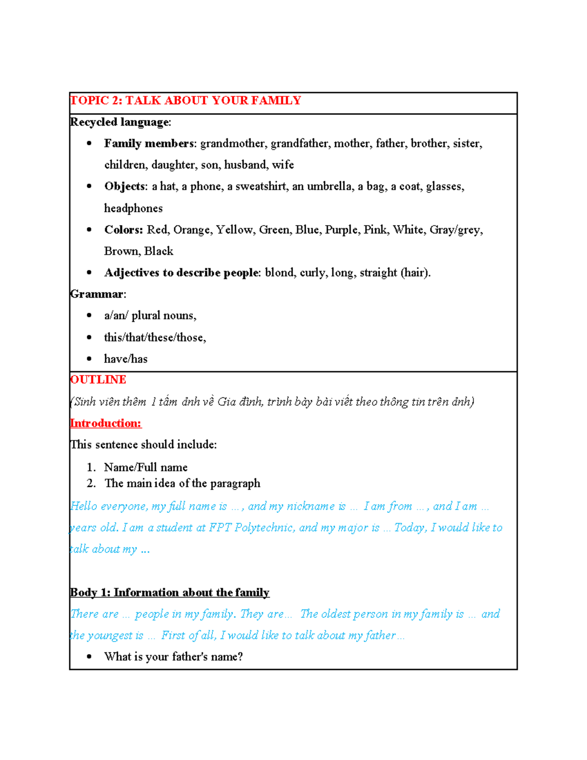 Family Writing Guide: Topic 2 - My Family (ENT1128) - Studocu