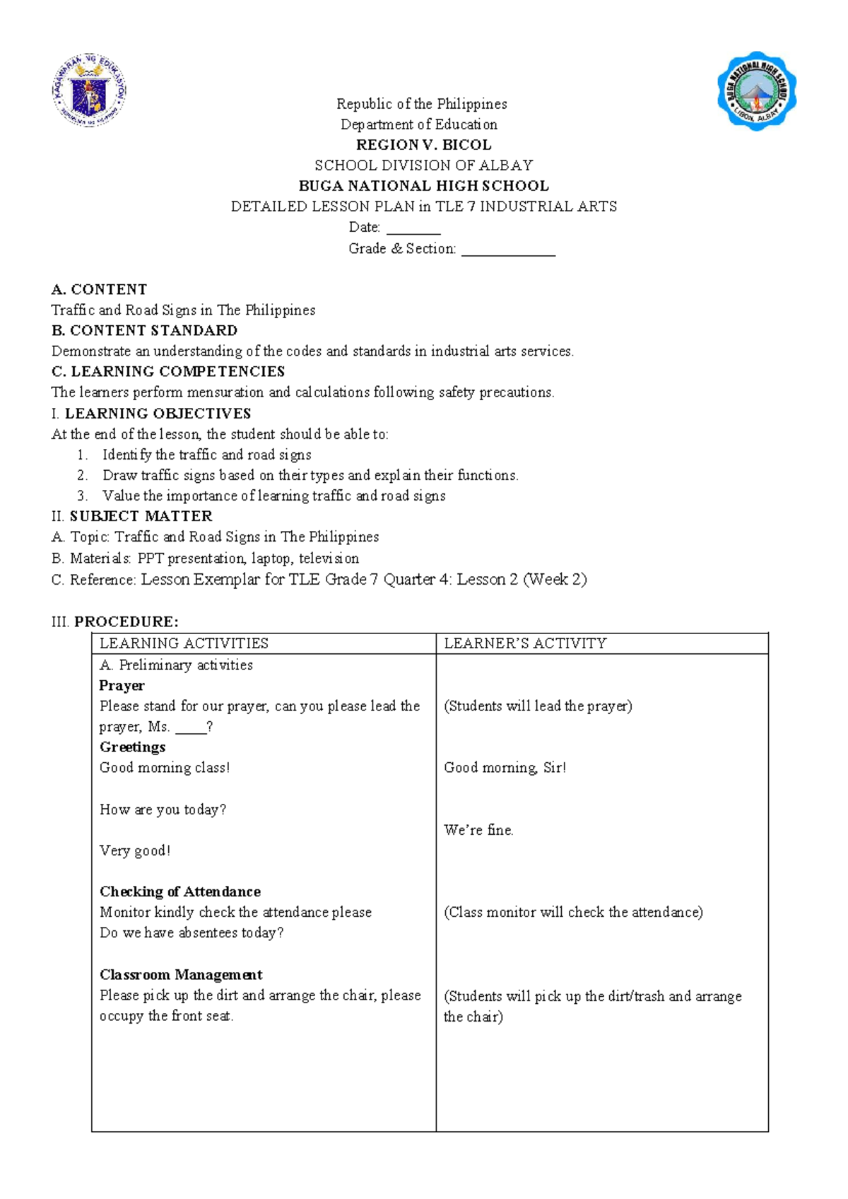 DLP TLE 7: Traffic and Road Signs in the Philippines Lesson Plan - Studocu