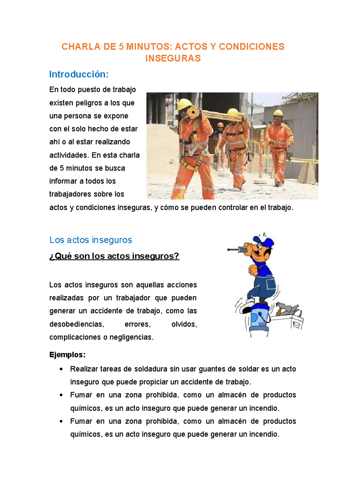 Charla de 5 Minutos sobre Actos y Condiciones Inseguras en el Trabajo ...