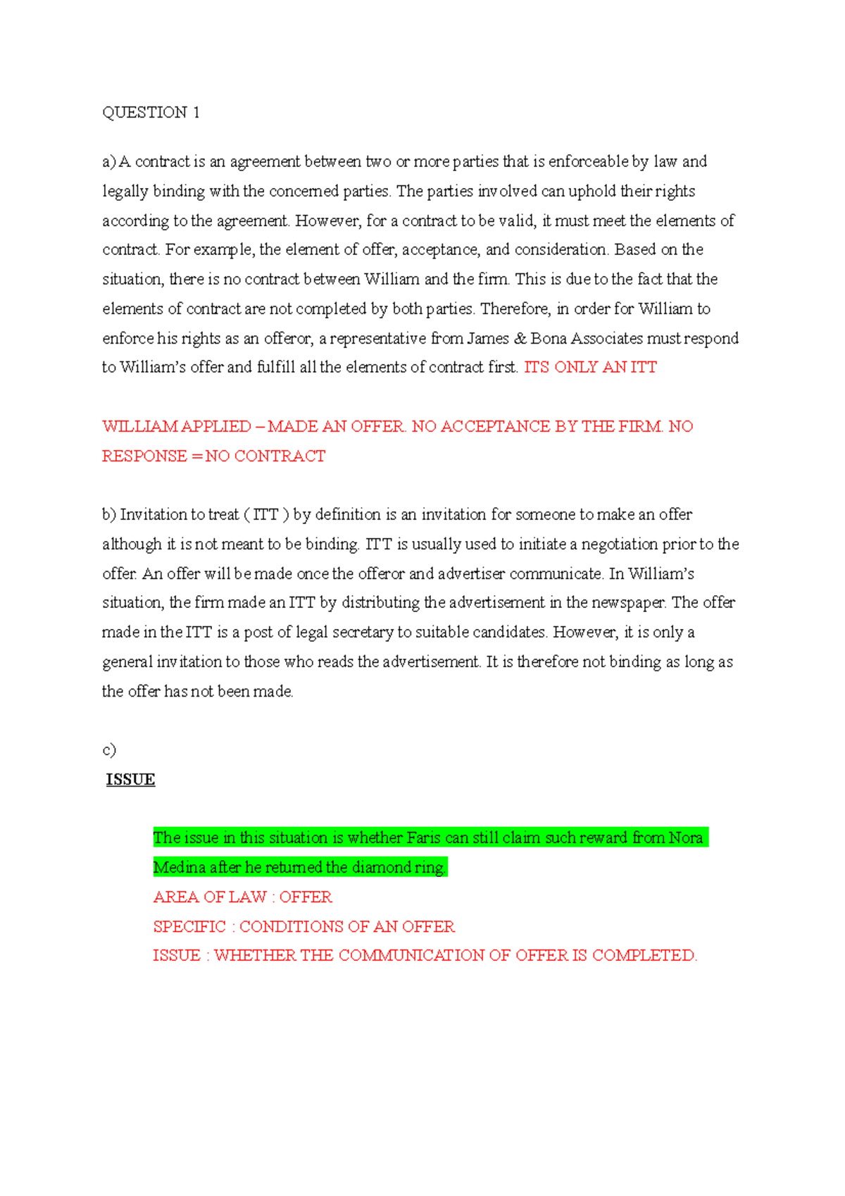 TUTO LAW083 - OFFER - QUESTION 1 a) A contract is an agreement between ...