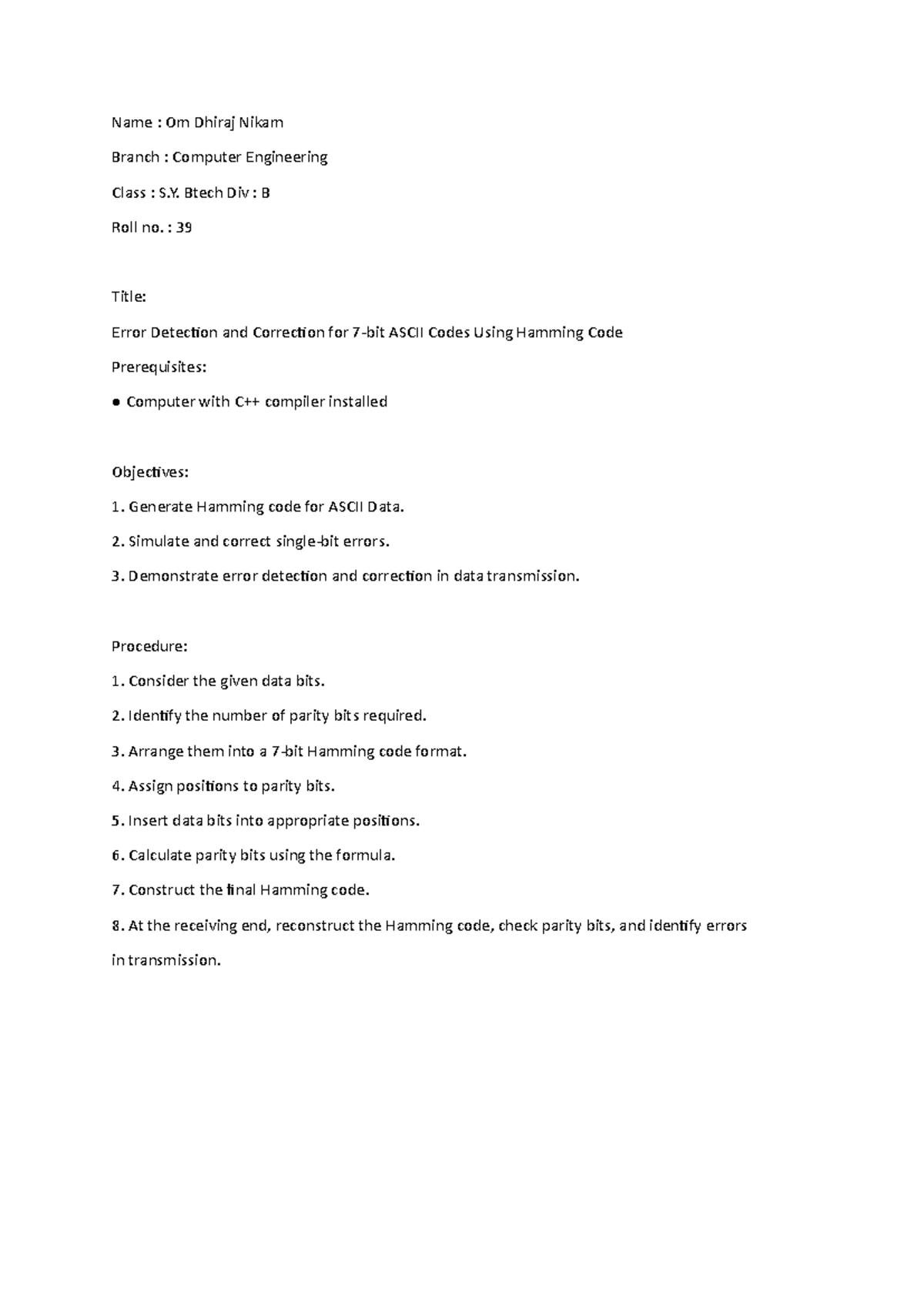Error Detection & Correction for ASCII Codes Using Hamming Code - CSE S ...