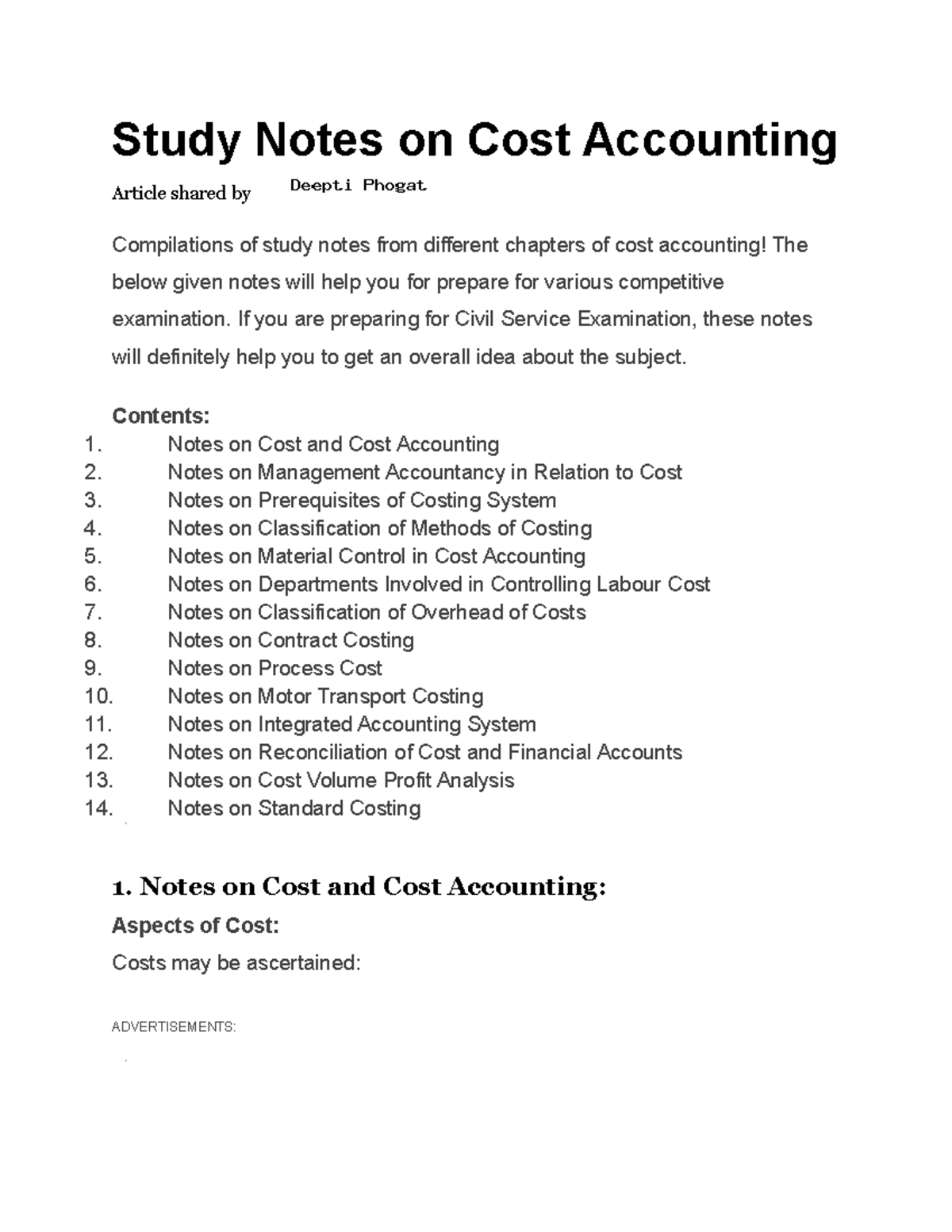 Study Notes (CA101): Comprehensive Guide to Cost Accounting Concepts ...