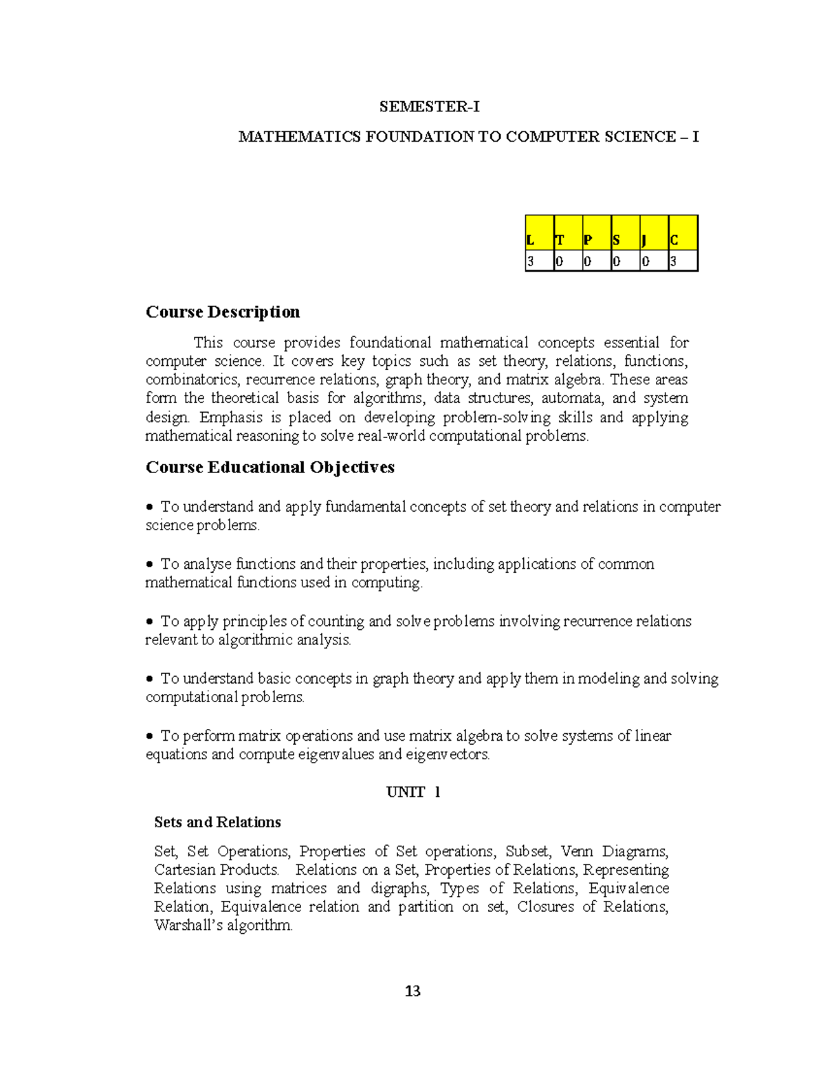 BCA - Mathematics Foundation to Computer Science I Syllabus - Studocu