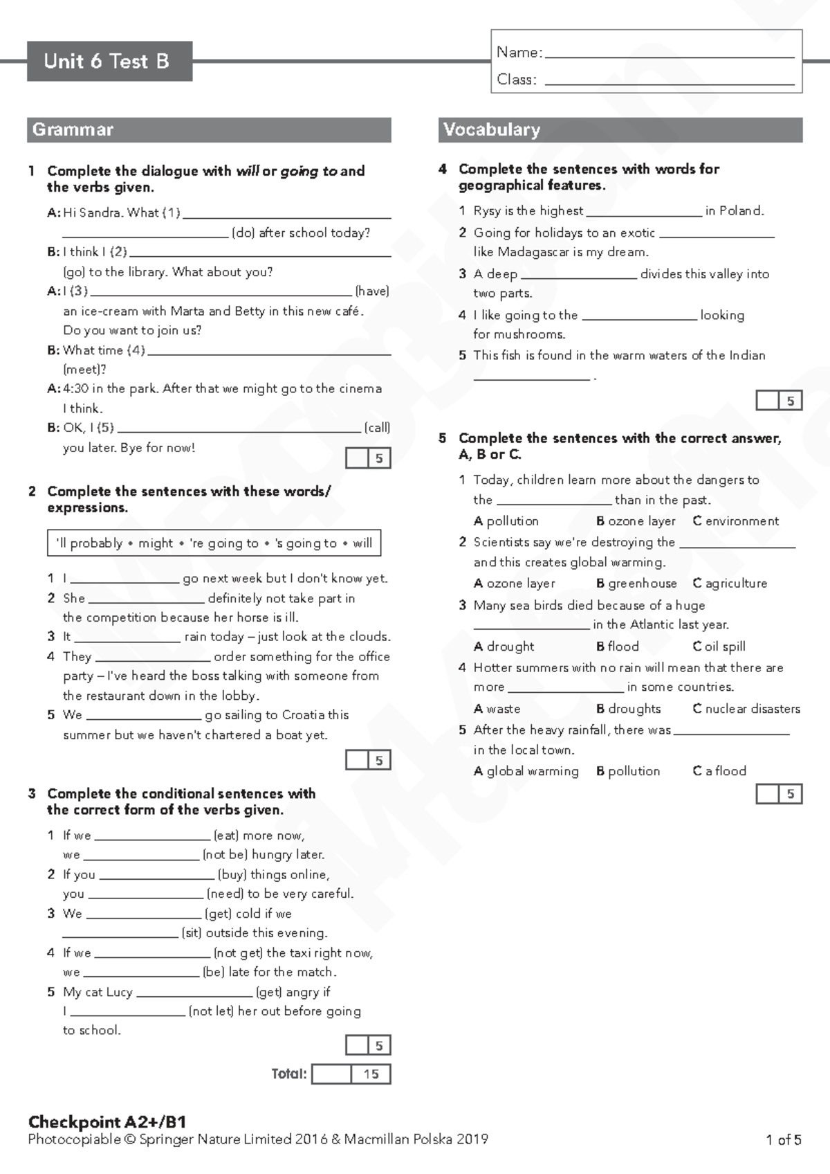 Checkpoint A2+ B1 Unit 6 Test B: Grammar & Vocabulary Exercises - Studocu