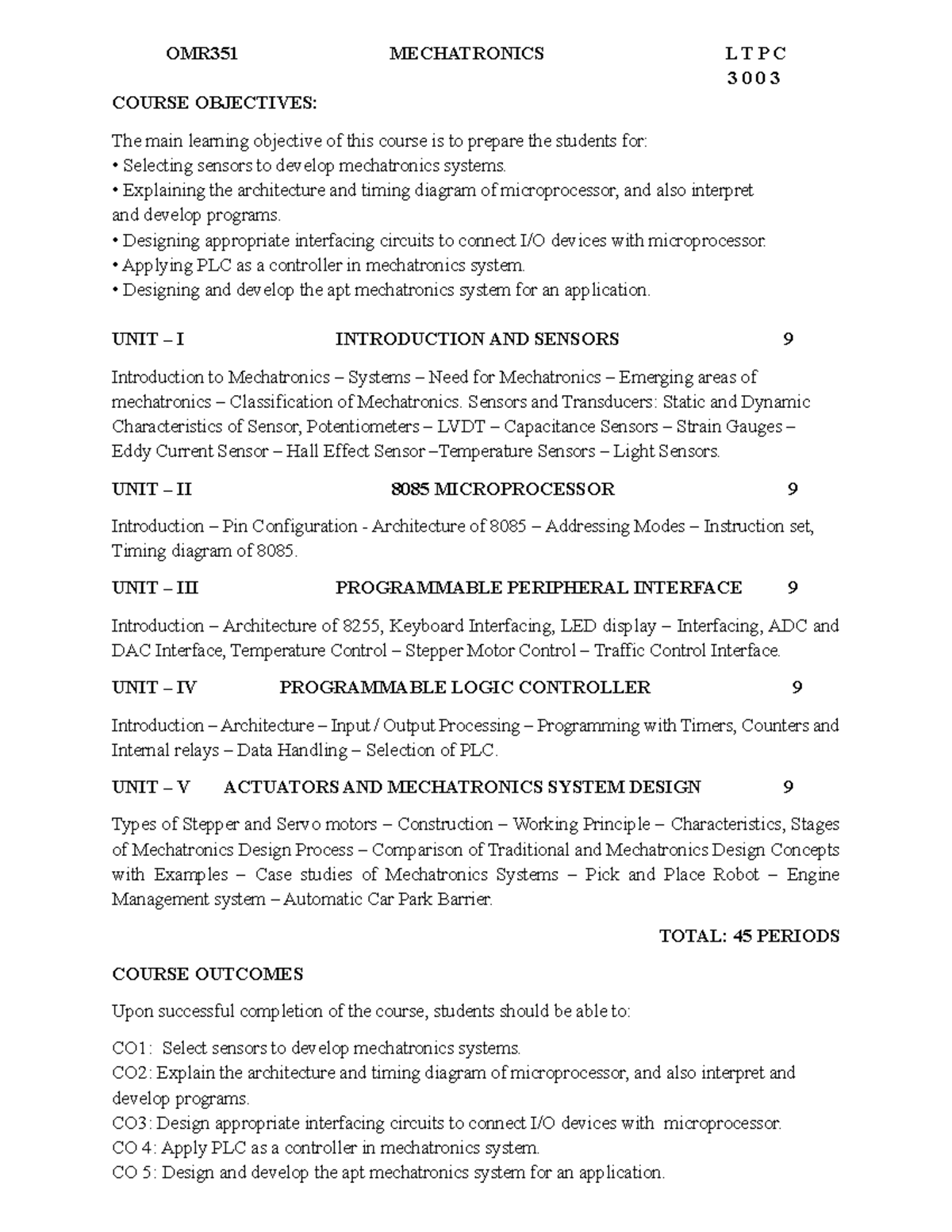 OMR351 Mechatronics LT PC 3003 Syllabus Overview and Objectives - Studocu