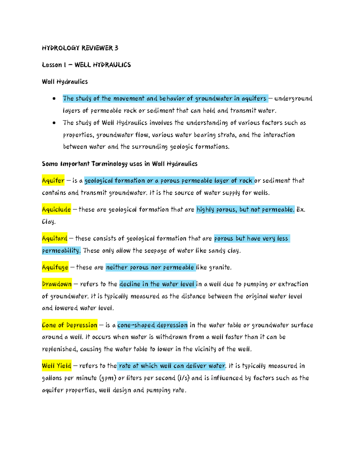 HYDROLOGY REVIEWER 3: Lesson 1 - Well Hydraulics and Groundwater - Studocu