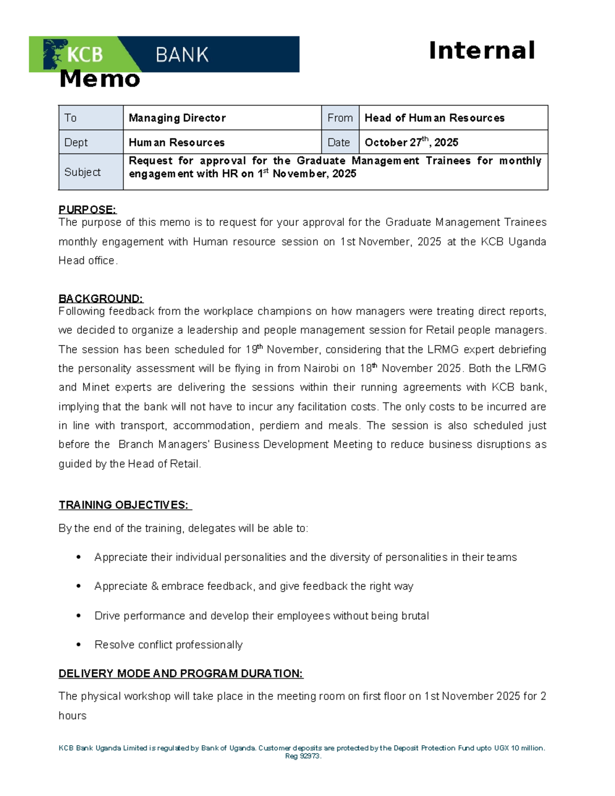 BM Leadership Training Memo - Approval for Graduate Trainees Engagement ...