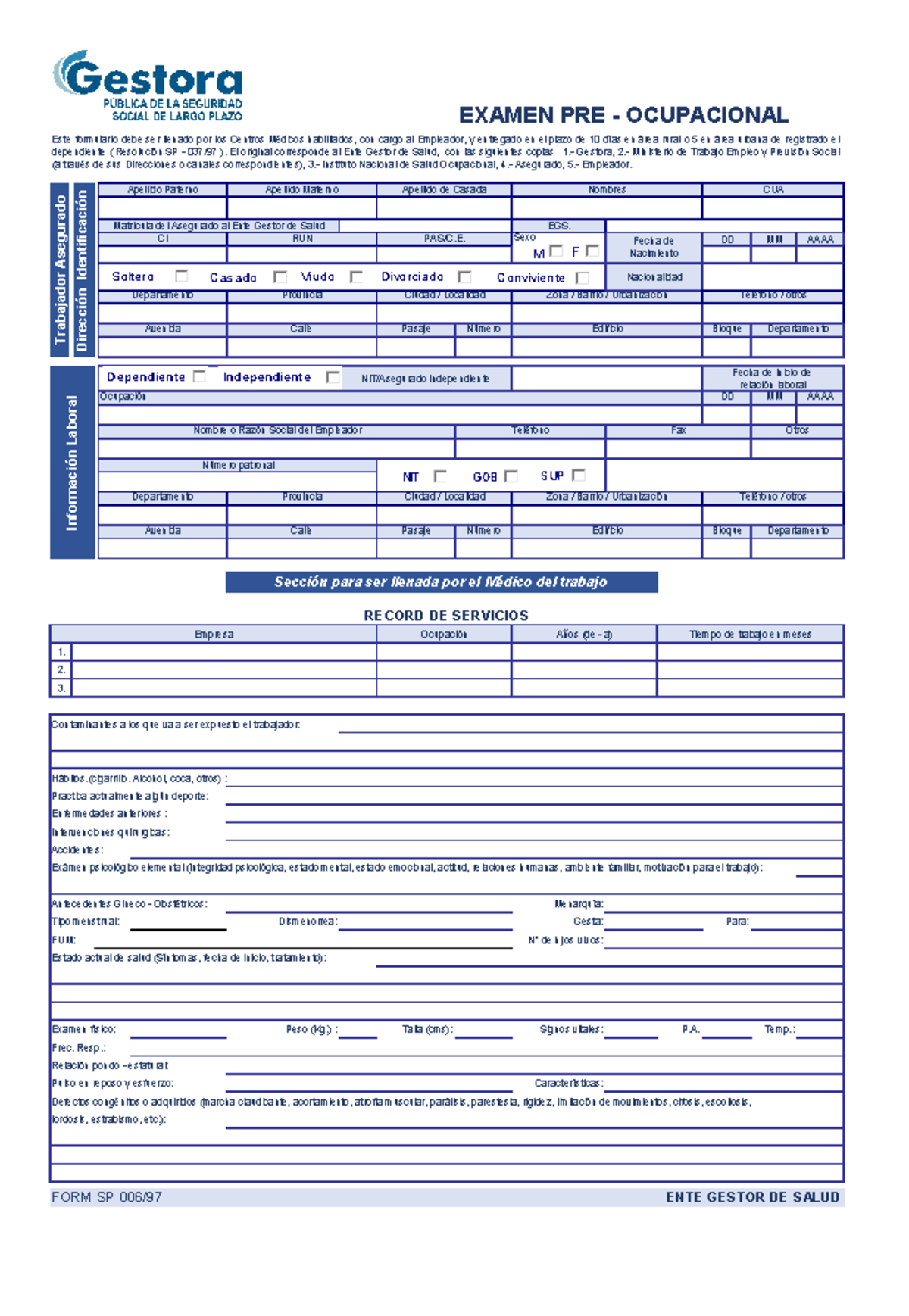 Formulario Pre Ocupacional EGS - Examen Médico Laboral 20220929 - Document Preview