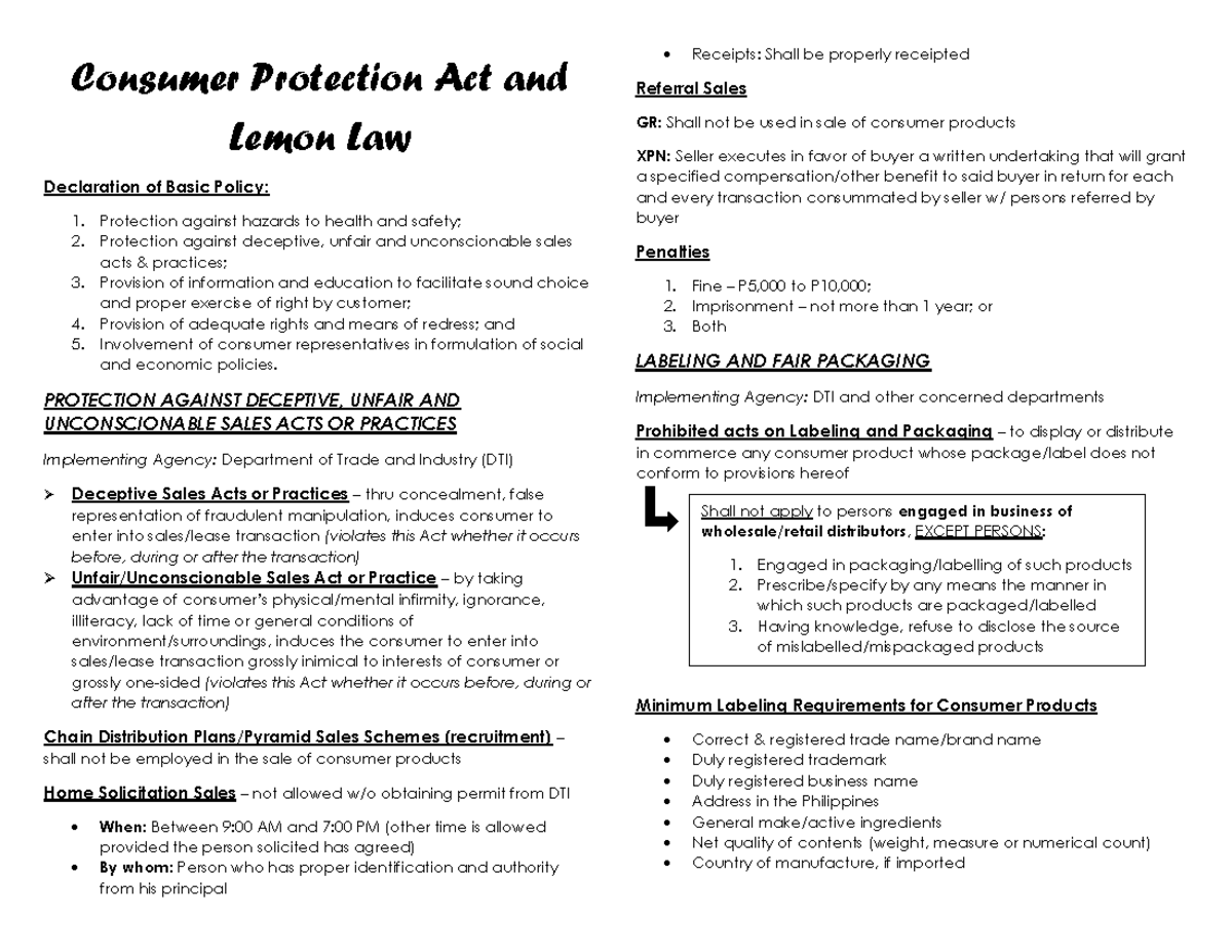 Consumer Protection Act & Lemon Law Overview: Key Policies and ...