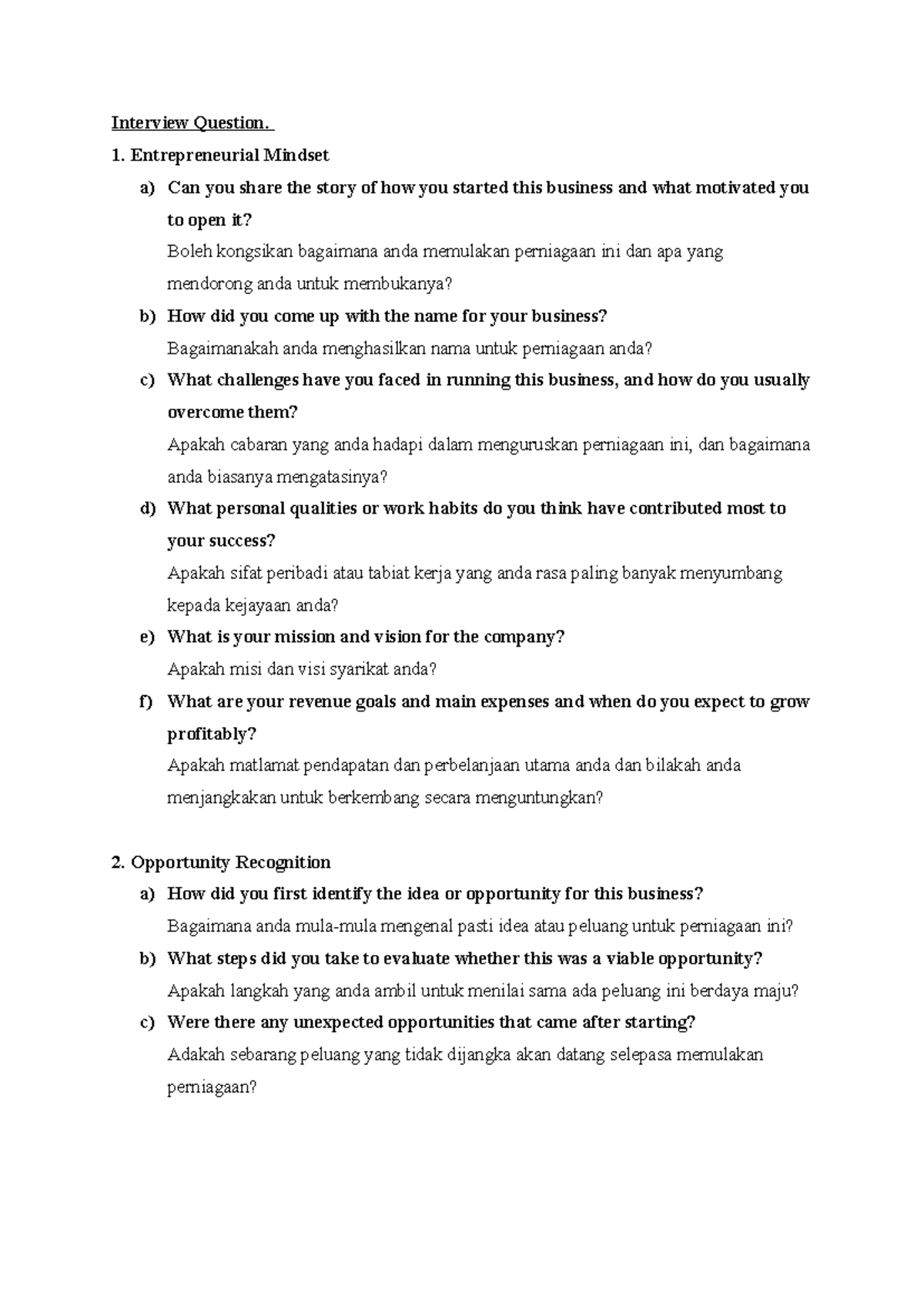 Interview Questions for Entrepreneurs (ENT530) - Studocu