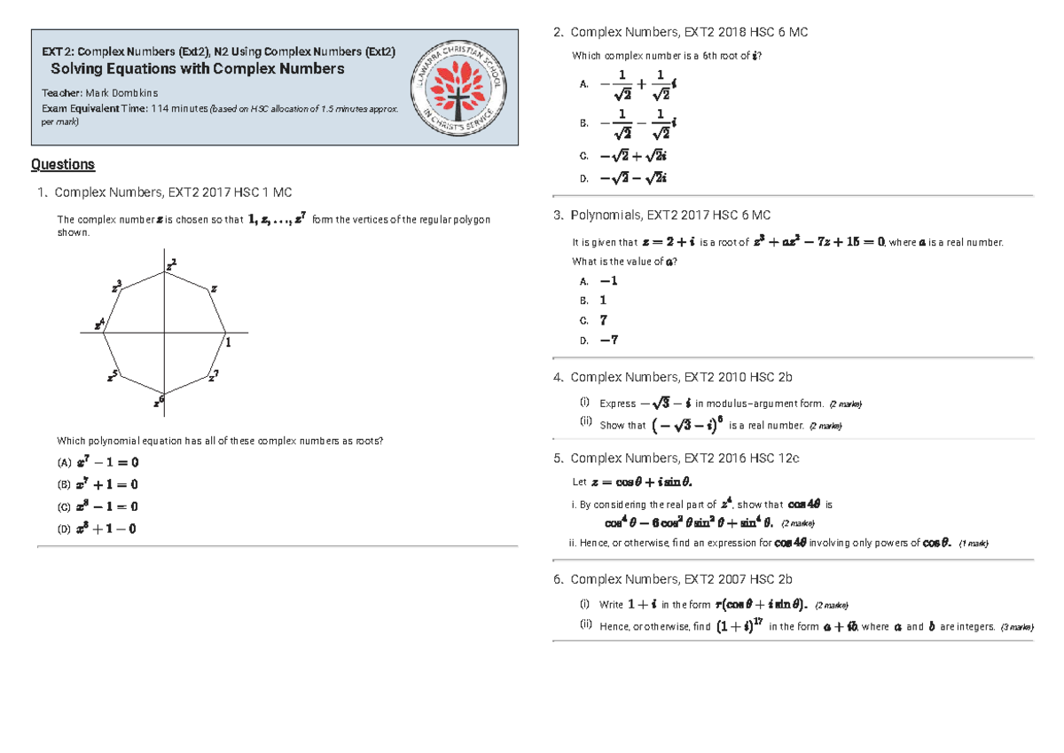 5. Solving Equations with Complex Numbers, EXT2 HSC Exam Notes - Studocu