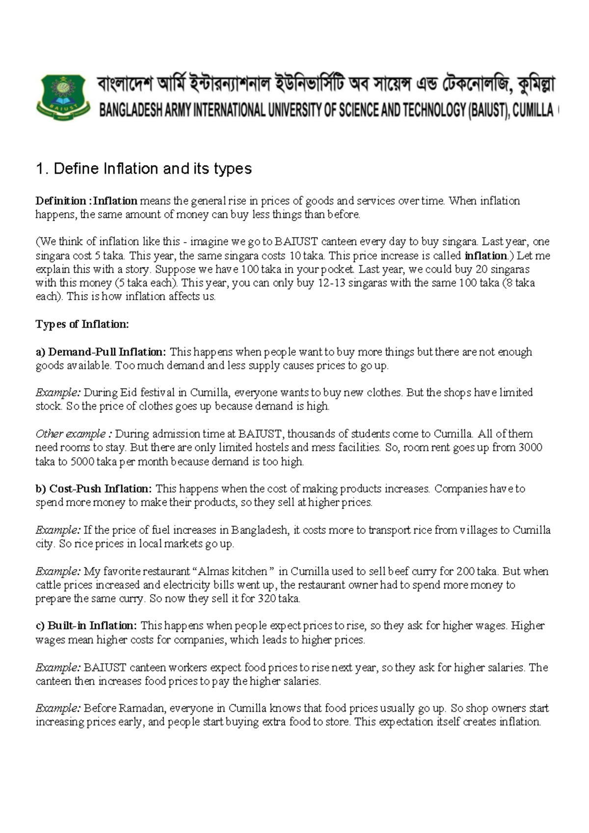 Economics Assignment: Understanding Inflation and Its Types (ECO101 ...