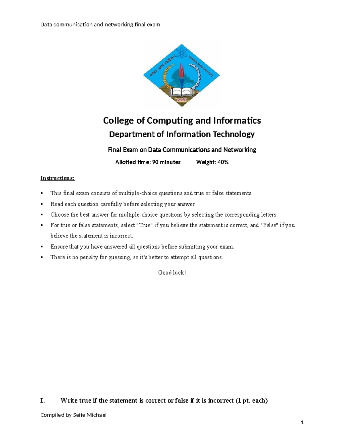 Final Exam: Data Communications & Networking (IT 301) - Studocu