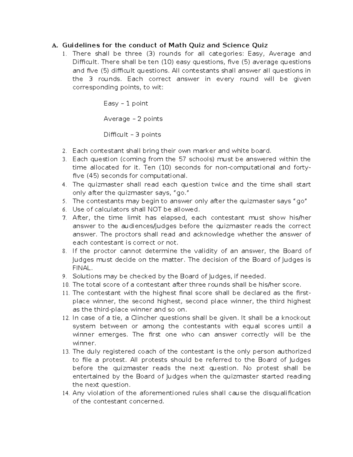 Math Quiz & MATHSAYAW Guidelines: Rules and Judging Criteria - Studocu