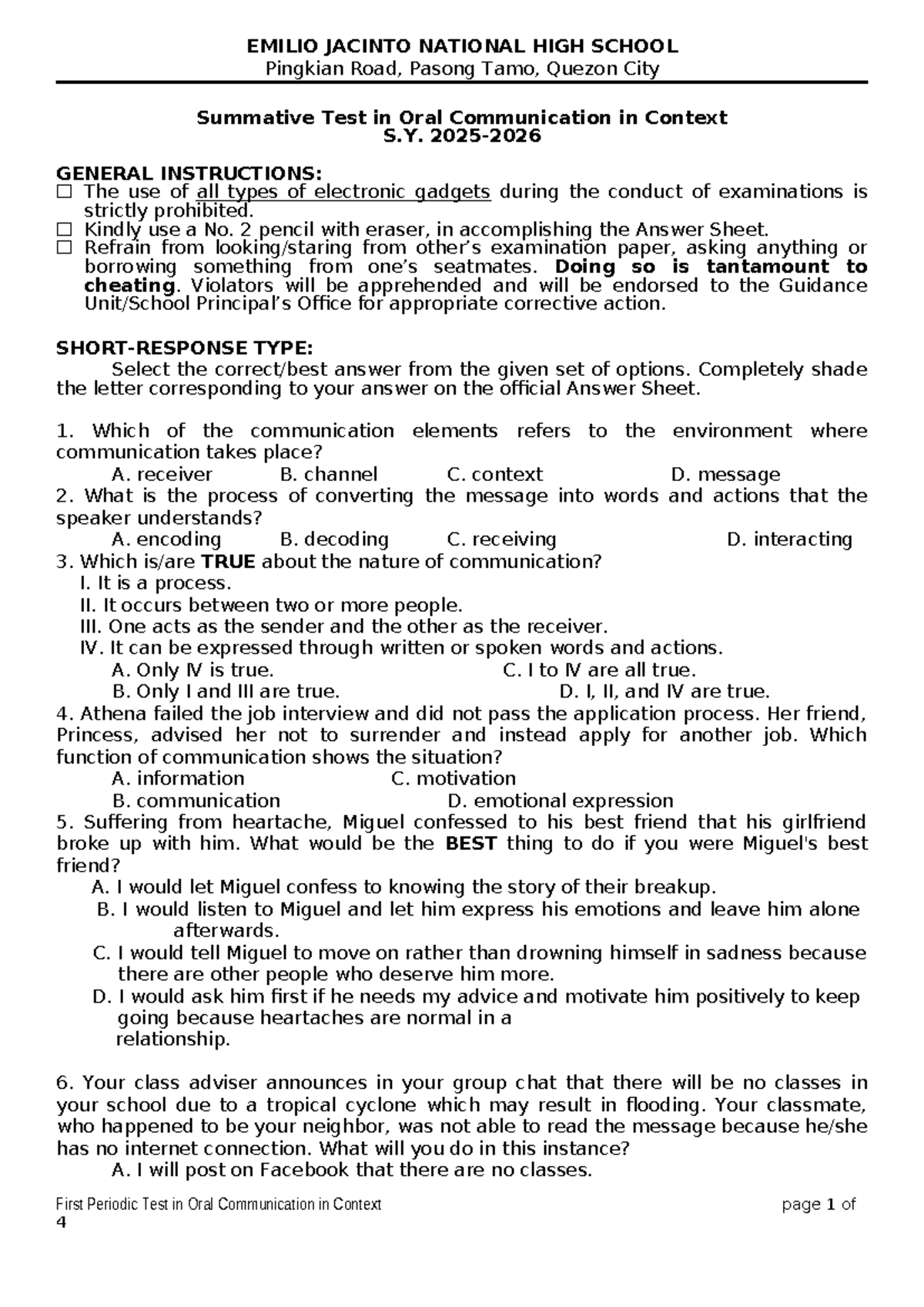 Summative Test in Oral Communication in Context (S.Y. 2023) - Studocu