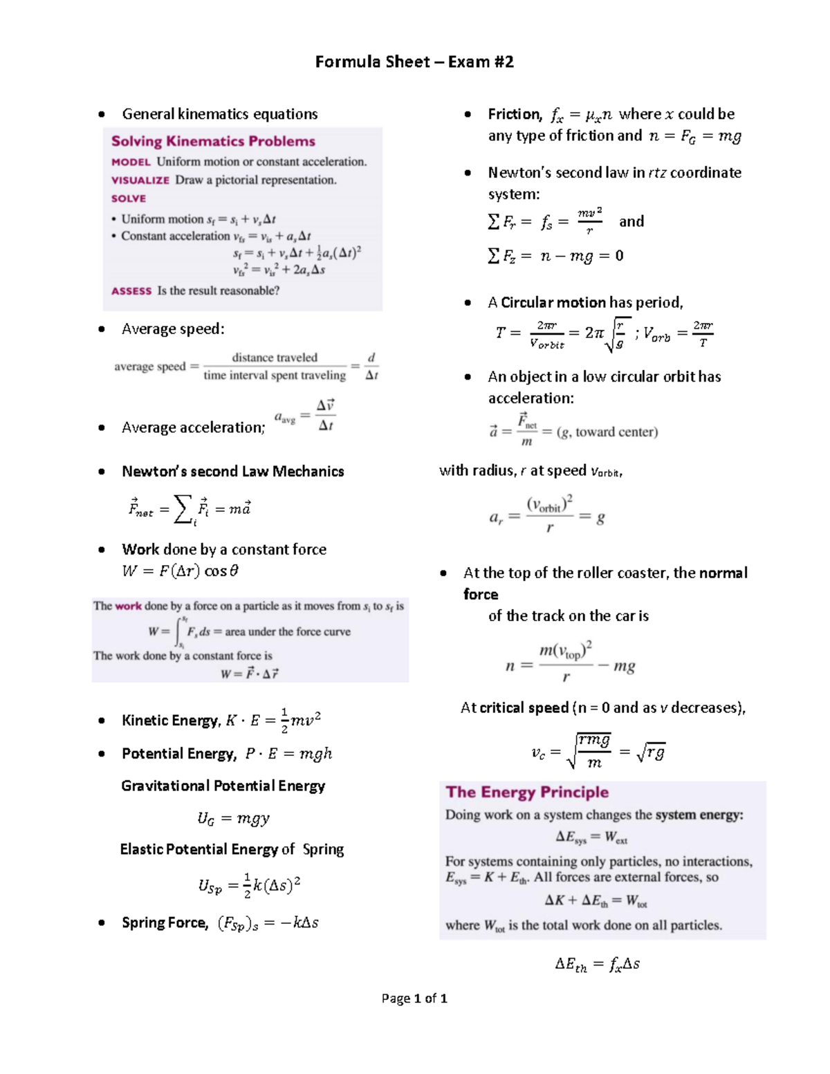 Formula Sheet - Exam 2 - Formula Sheet – Exam Page 1 of 1 General ...