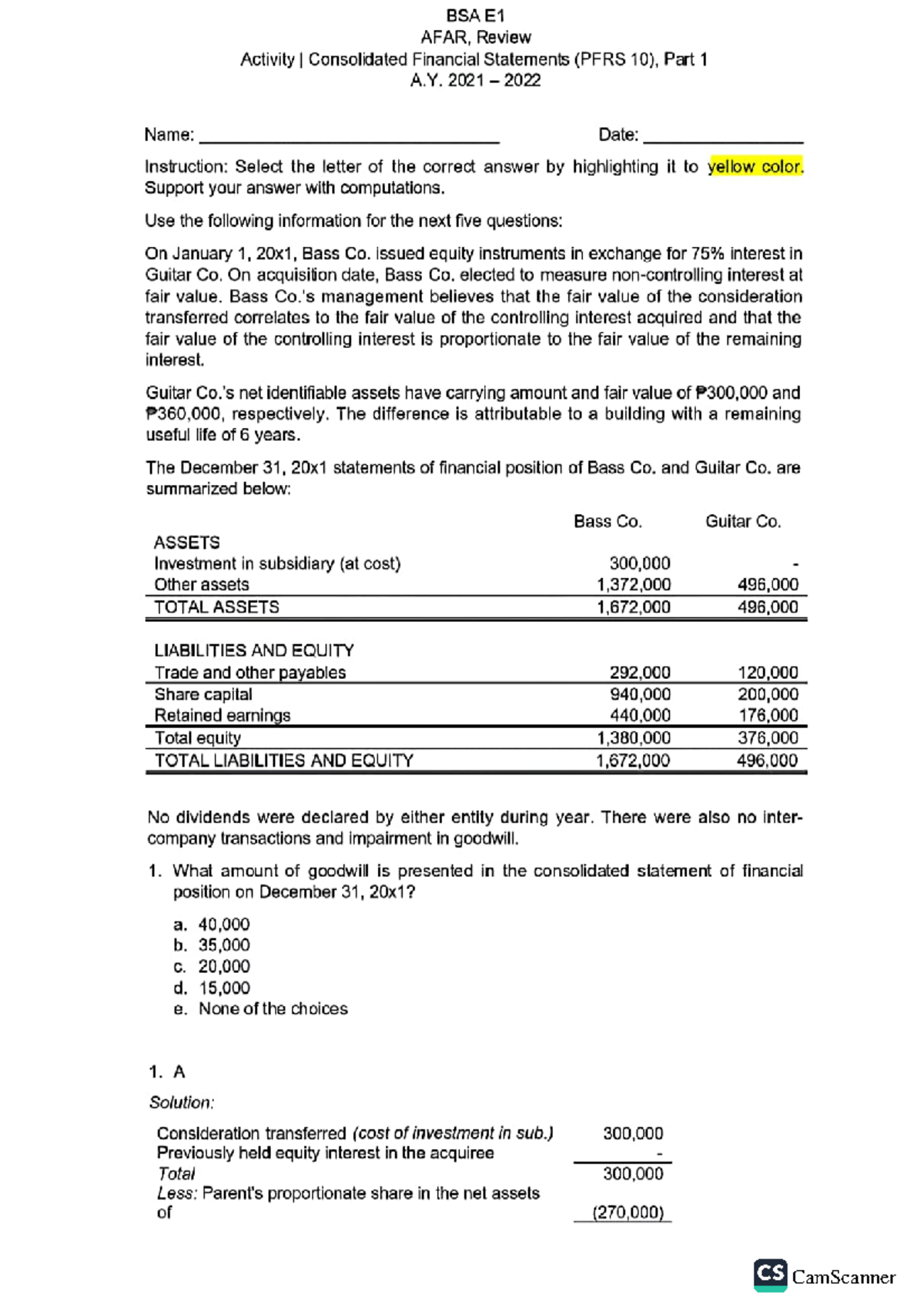 BSA E1 AFAR - Consolidated Financial Statements Case Study Analysis ...