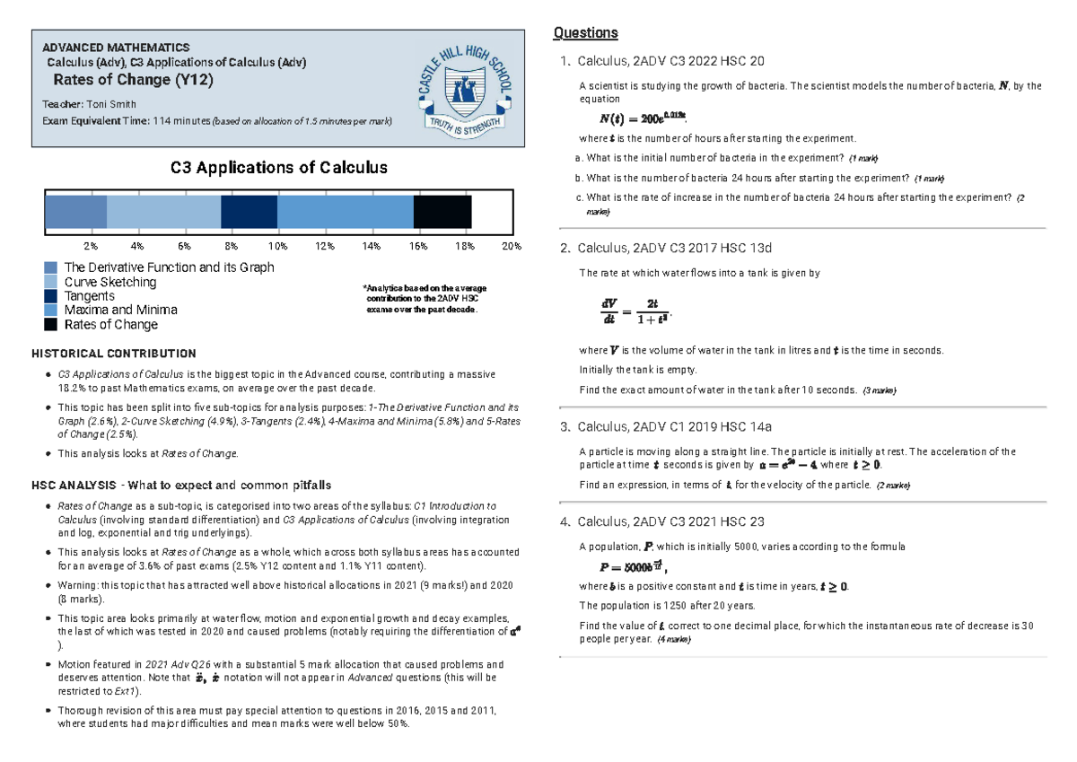 Past HSC MA-C3 Calculus: Rates of Change Analysis and Solutions - Studocu