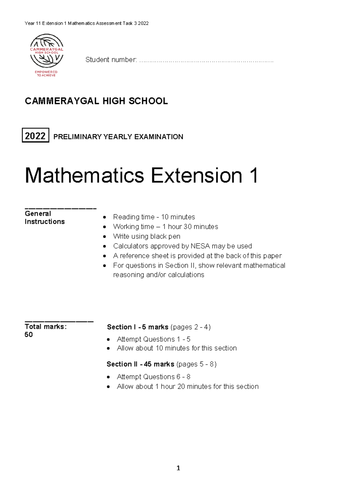 2022 Year 11 Ext 1 Mathematics Assessment Task 3 - Exam Paper - Studocu