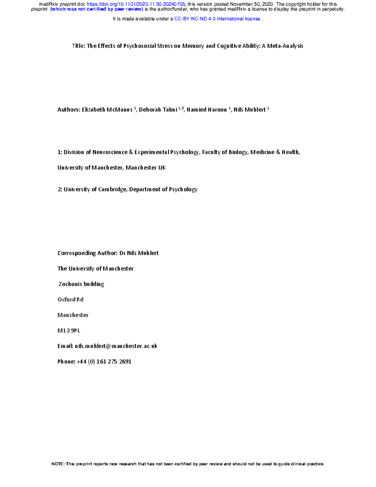 The Effects of Psychosocial Stress on Memory & Cognition: A Meta ...