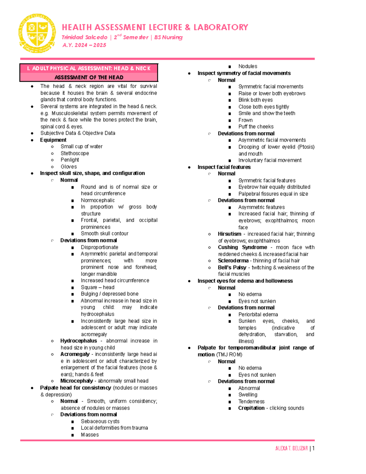 NCMA111 Midterm Study Notes: Health Assessment of Head & Neck - Studocu