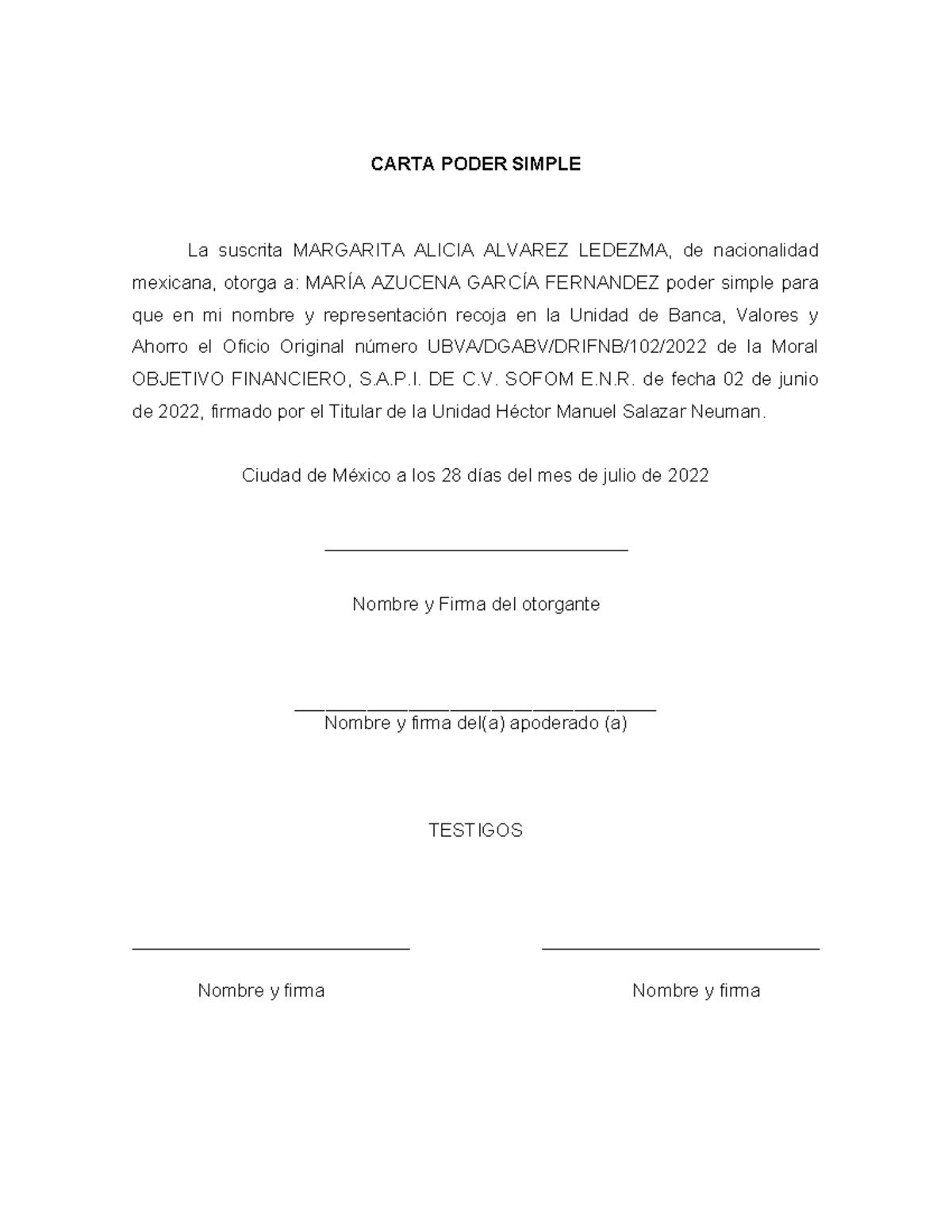 Carta Poder CNBV - ESCRITO - CARTA PODER SIMPLE La suscrita MARGARITA ...