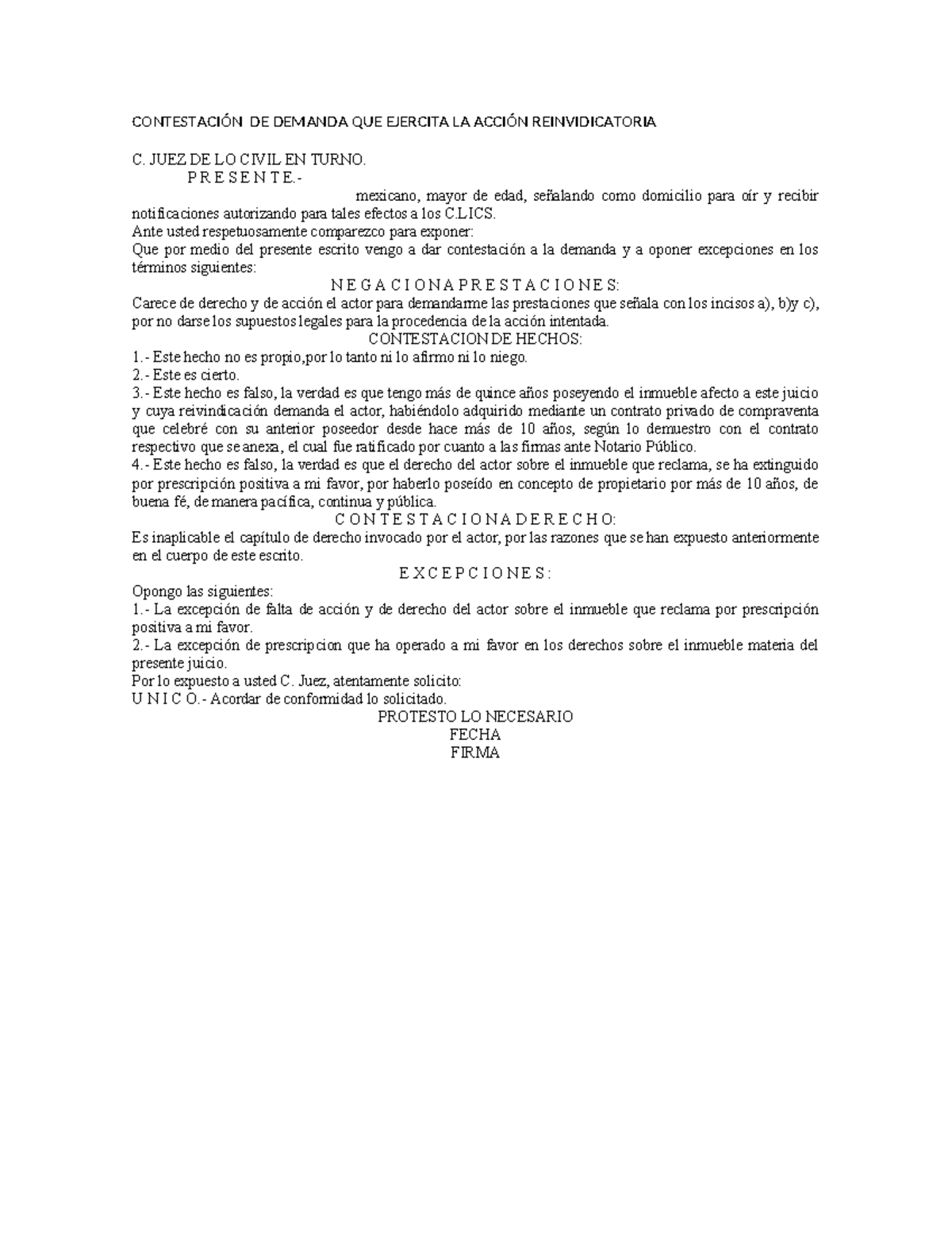 Contestación de Demanda: Acción Reivindicatoria - Respuesta Legal - Studocu